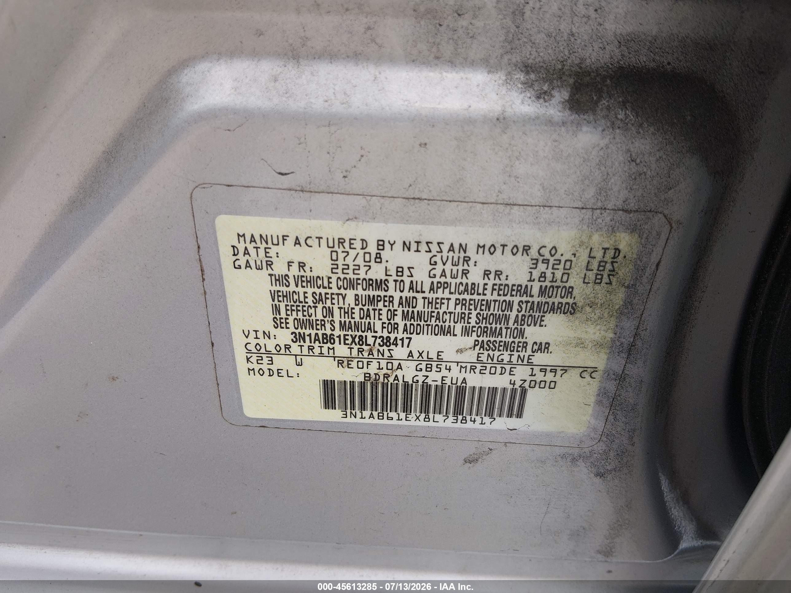 2008 Nissan Sentra 2.0 Sl Silver vin: 3N1AB61EX8L738417