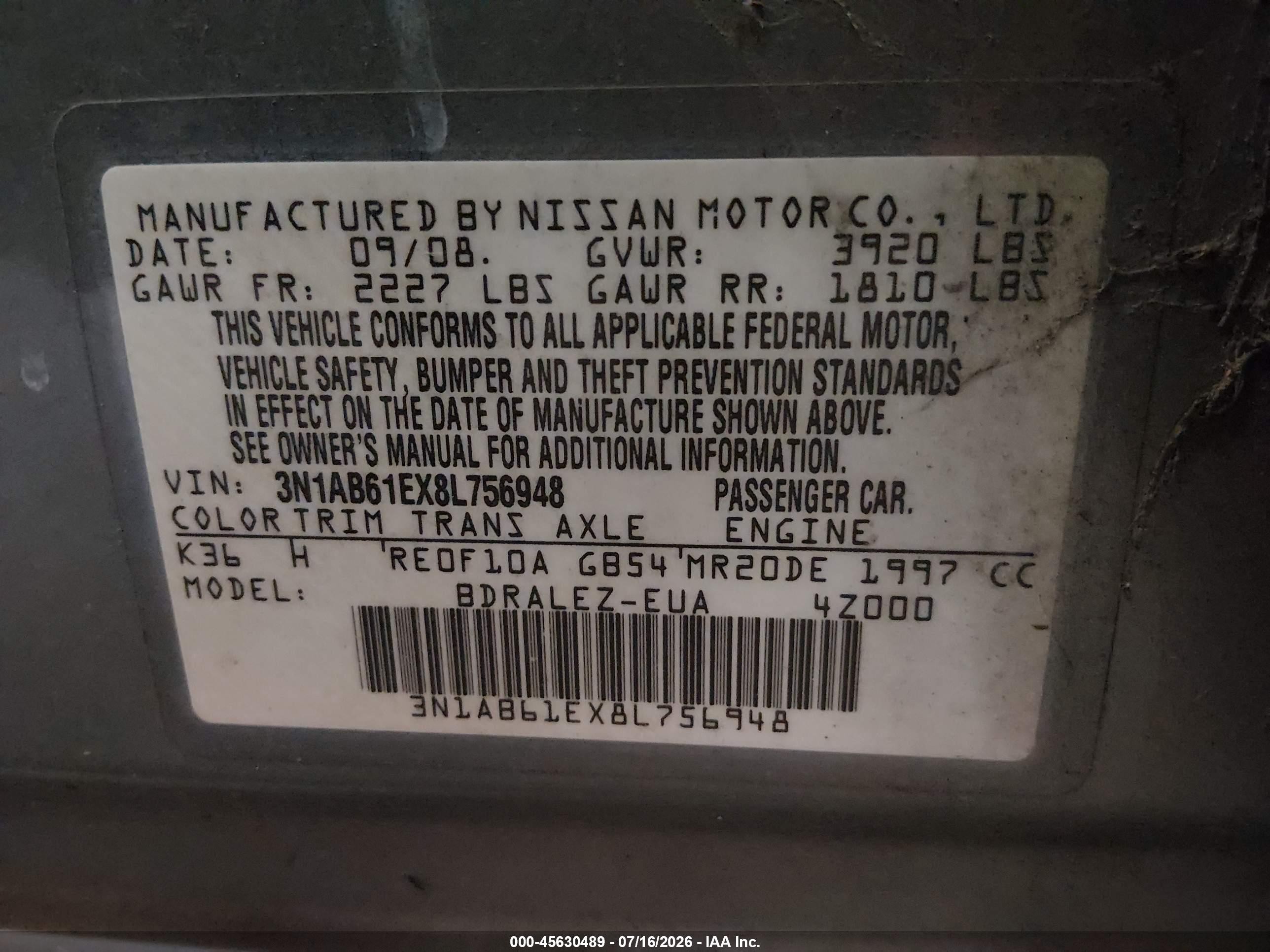 2008 Nissan Sentra 2.0 S Серебряный vin: 3N1AB61EX8L756948