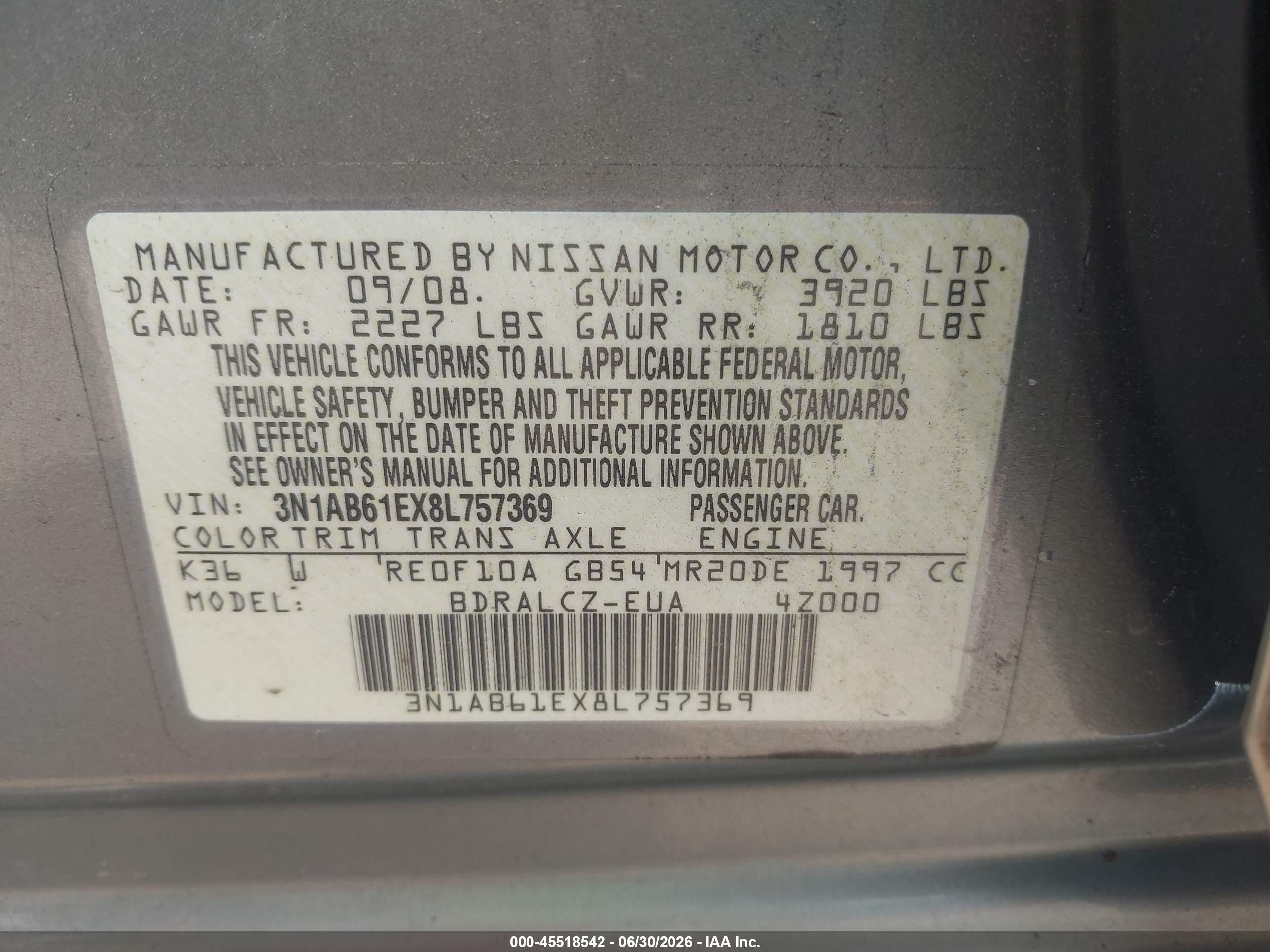 2008 Nissan Sentra 2.0 Gray vin: 3N1AB61EX8L757369