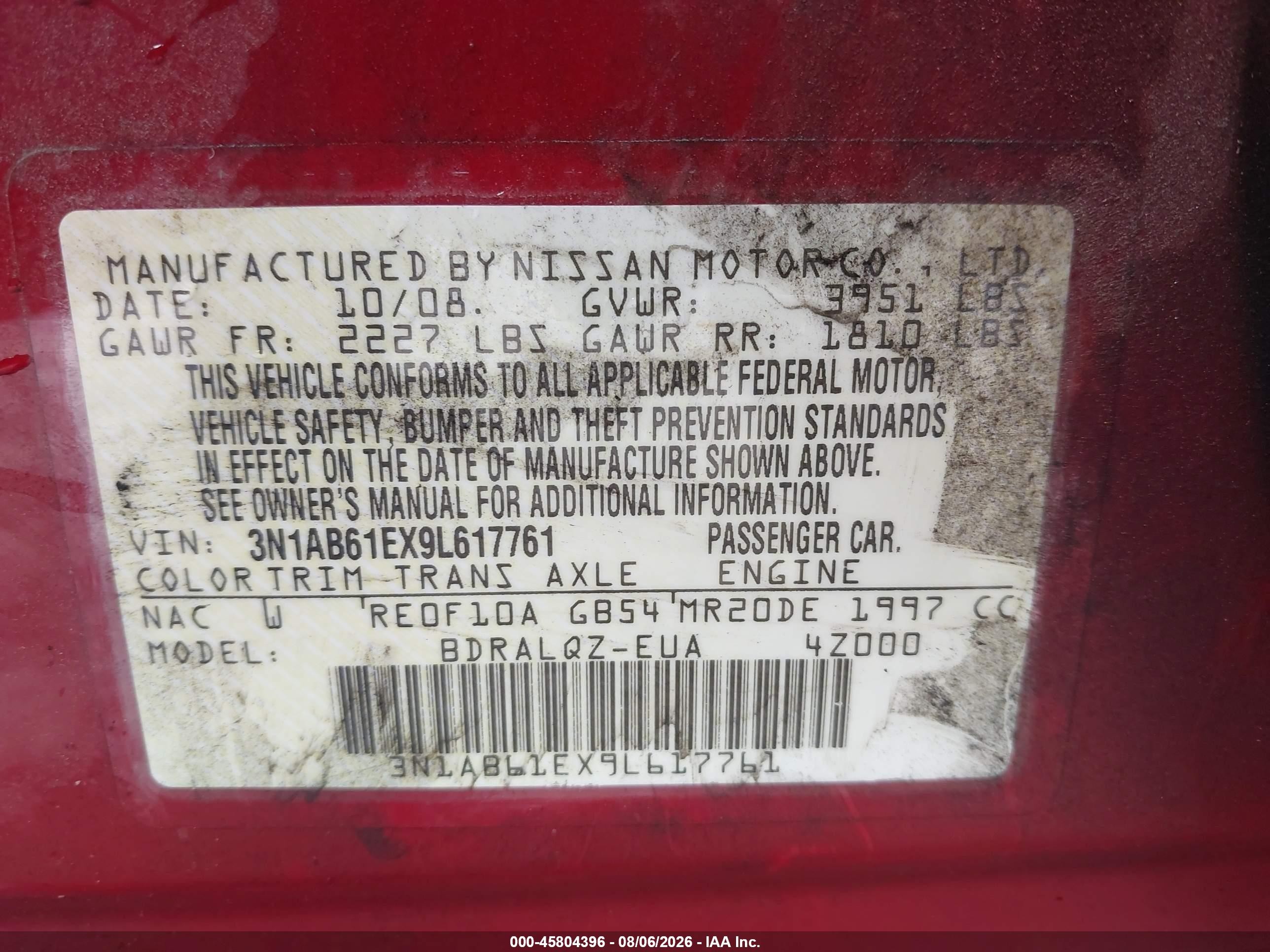 2009 Nissan Sentra 2.0 Red vin: 3N1AB61EX9L617761