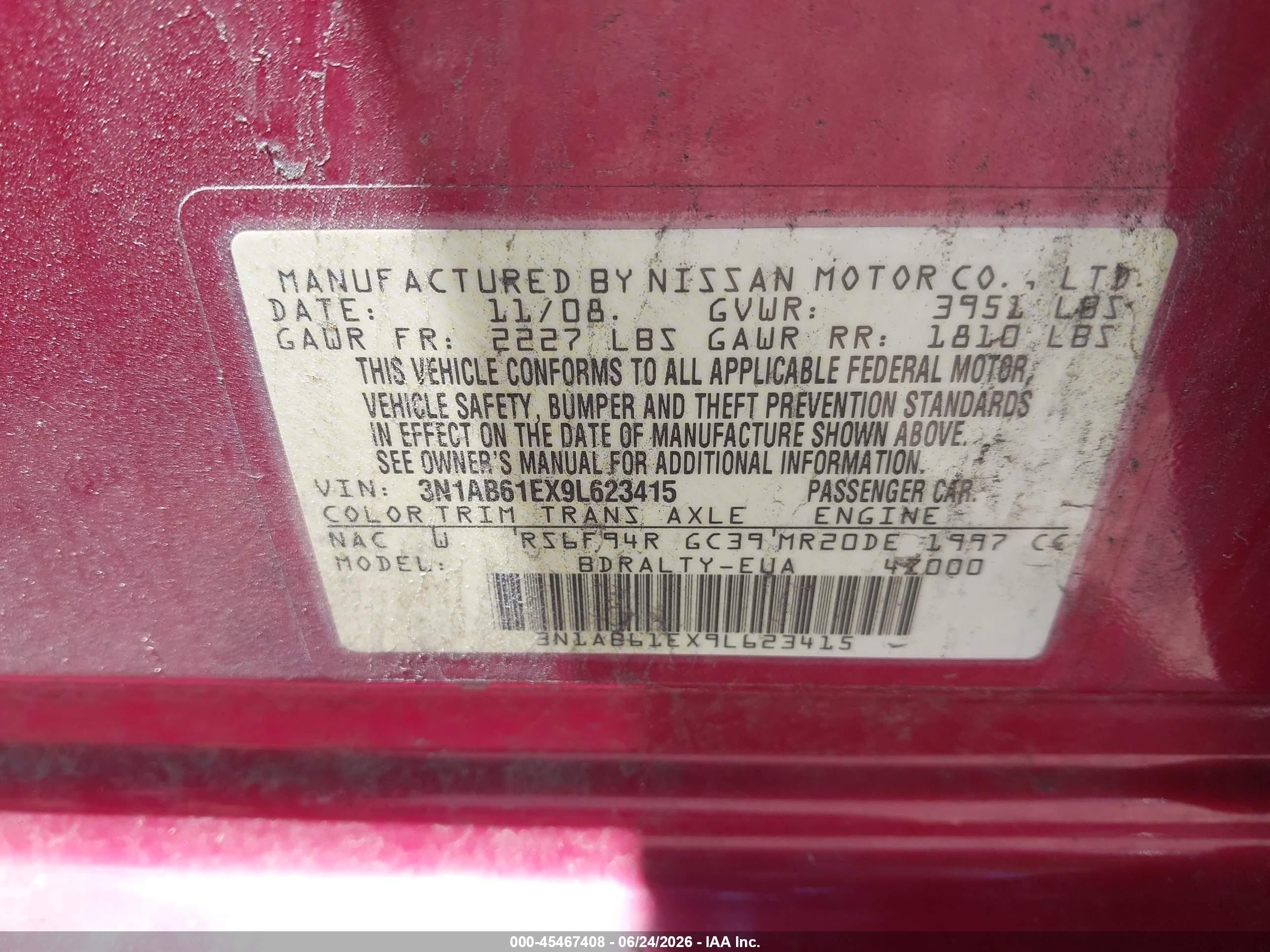 2009 Nissan Sentra 2.0s Red vin: 3N1AB61EX9L623415