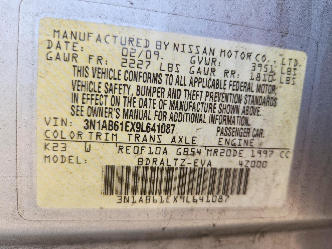 2009 Nissan Sentra 2.0 Silver vin: 3N1AB61EX9L641087