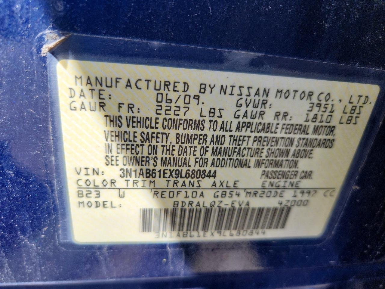 2009 Nissan Sentra 2.0 Blue vin: 3N1AB61EX9L680844