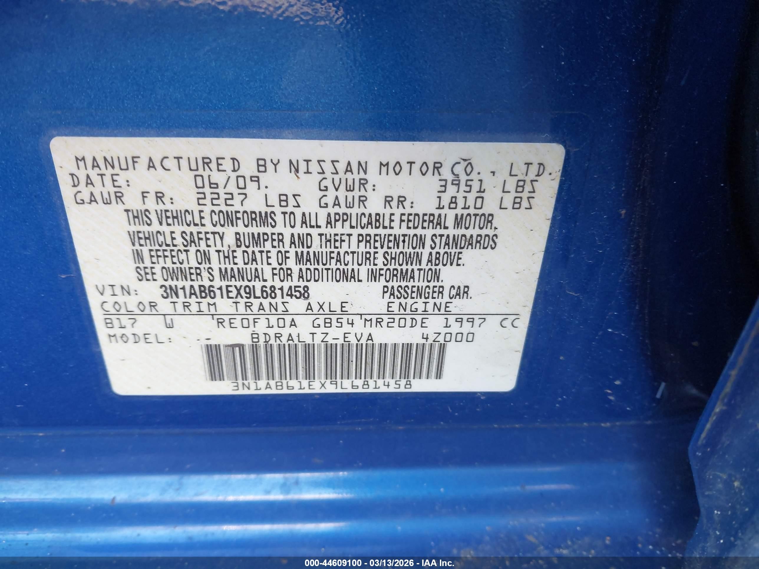 2009 Nissan Sentra 2.0sr Blue vin: 3N1AB61EX9L681458