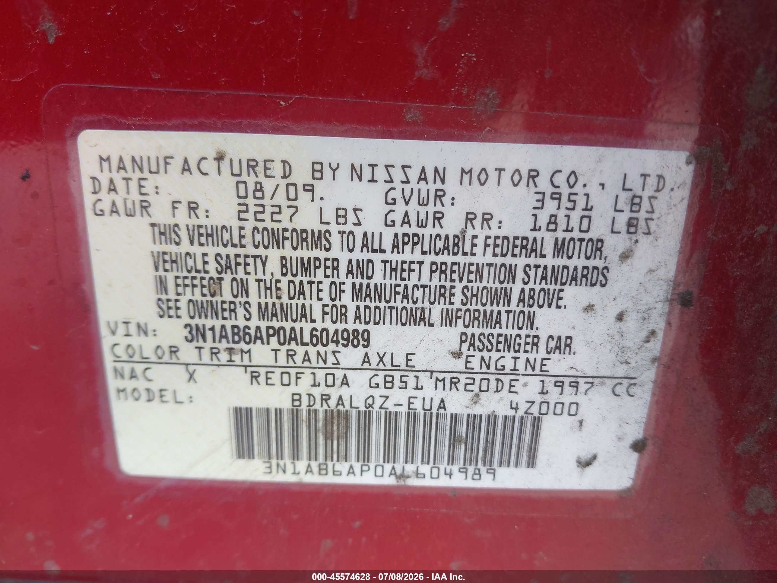2010 Nissan Sentra 2.0 Burgundy vin: 3N1AB6AP0AL604989