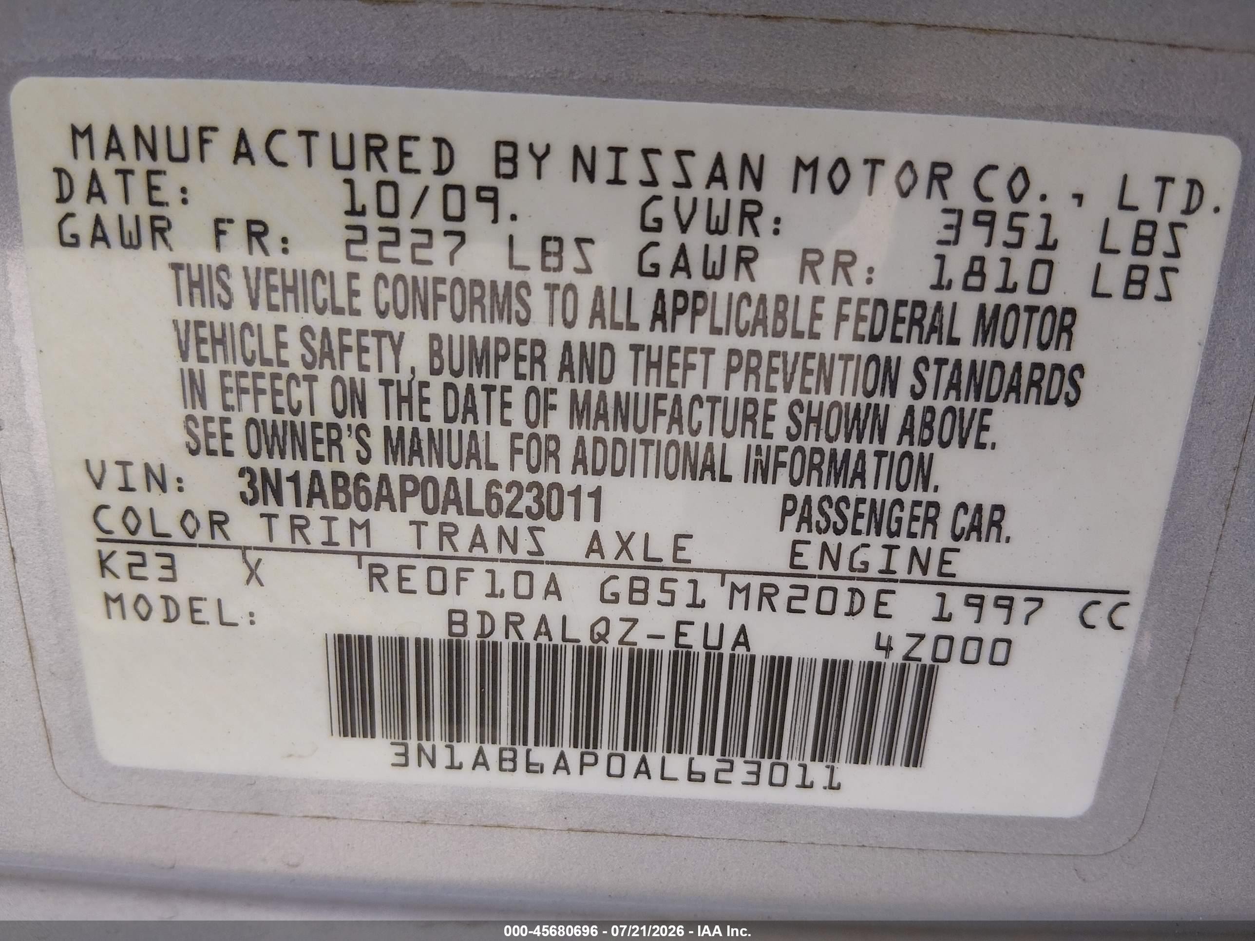 2010 Nissan Sentra 2.0 Silver vin: 3N1AB6AP0AL623011