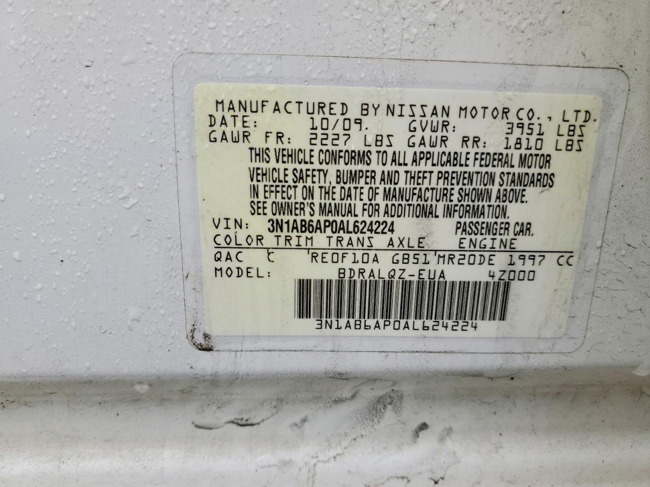 2010 Nissan Sentra 2.0 White vin: 3N1AB6AP0AL624224