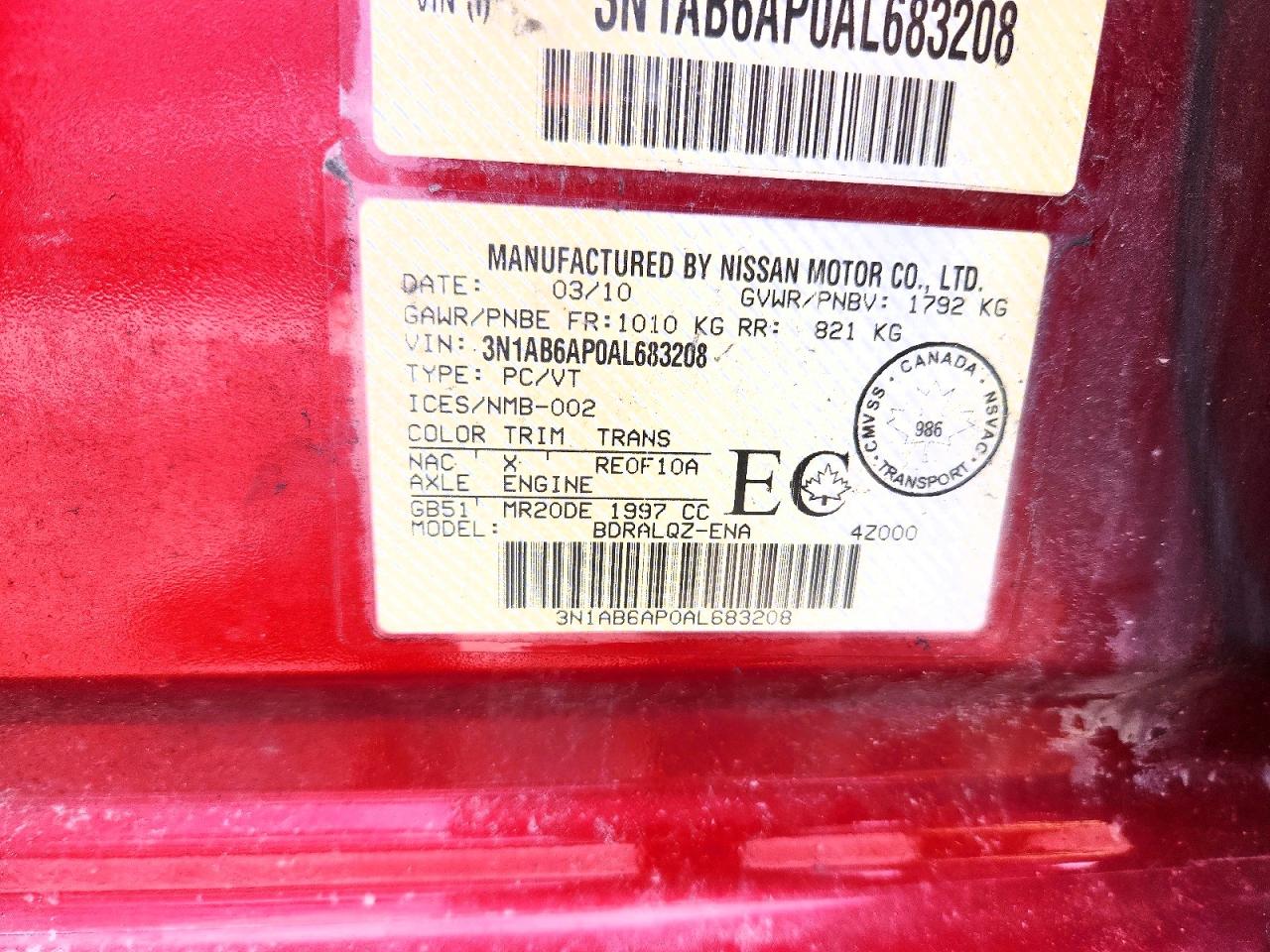 2010 Nissan Sentra 2.0 Красный vin: 3N1AB6AP0AL683208