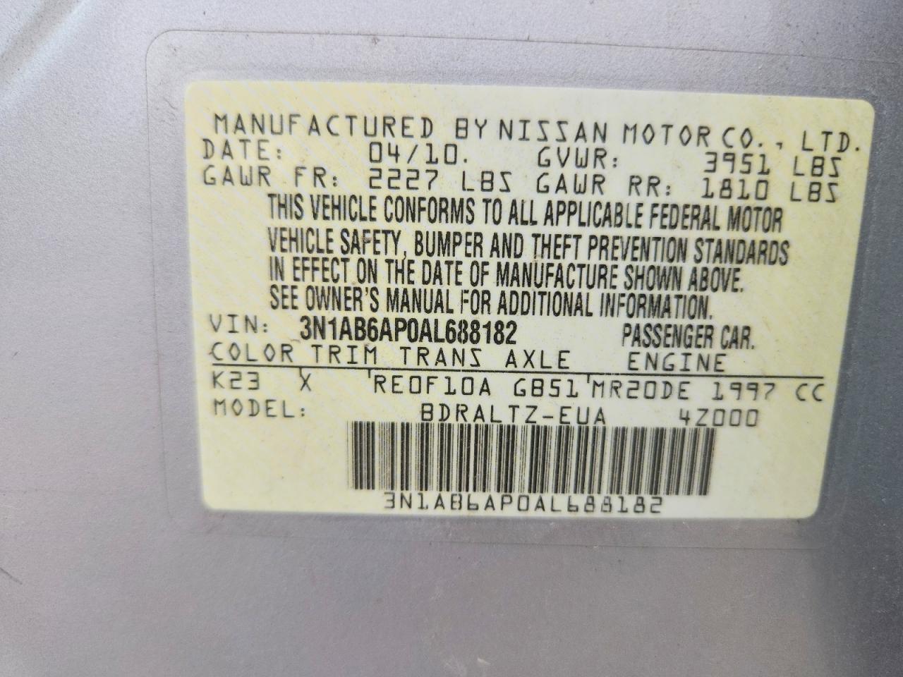 2010 Nissan Sentra 2.0 Silver vin: 3N1AB6AP0AL688182