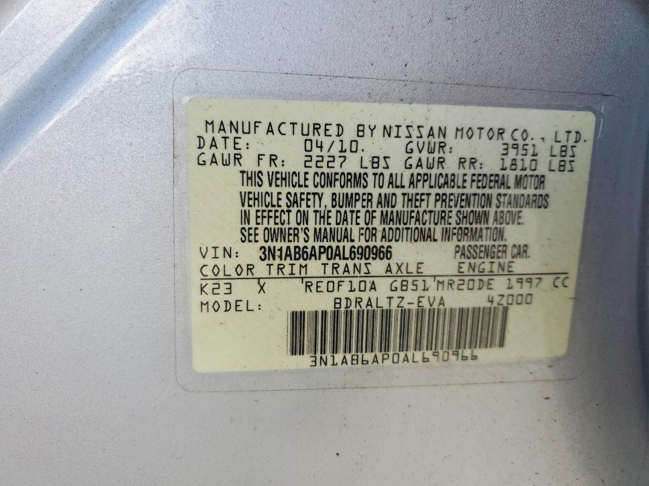 2010 Nissan Sentra 2.0 Silver vin: 3N1AB6AP0AL690966
