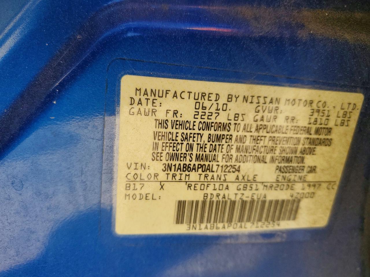 2010 Nissan Sentra 2.0 Blue vin: 3N1AB6AP0AL712254