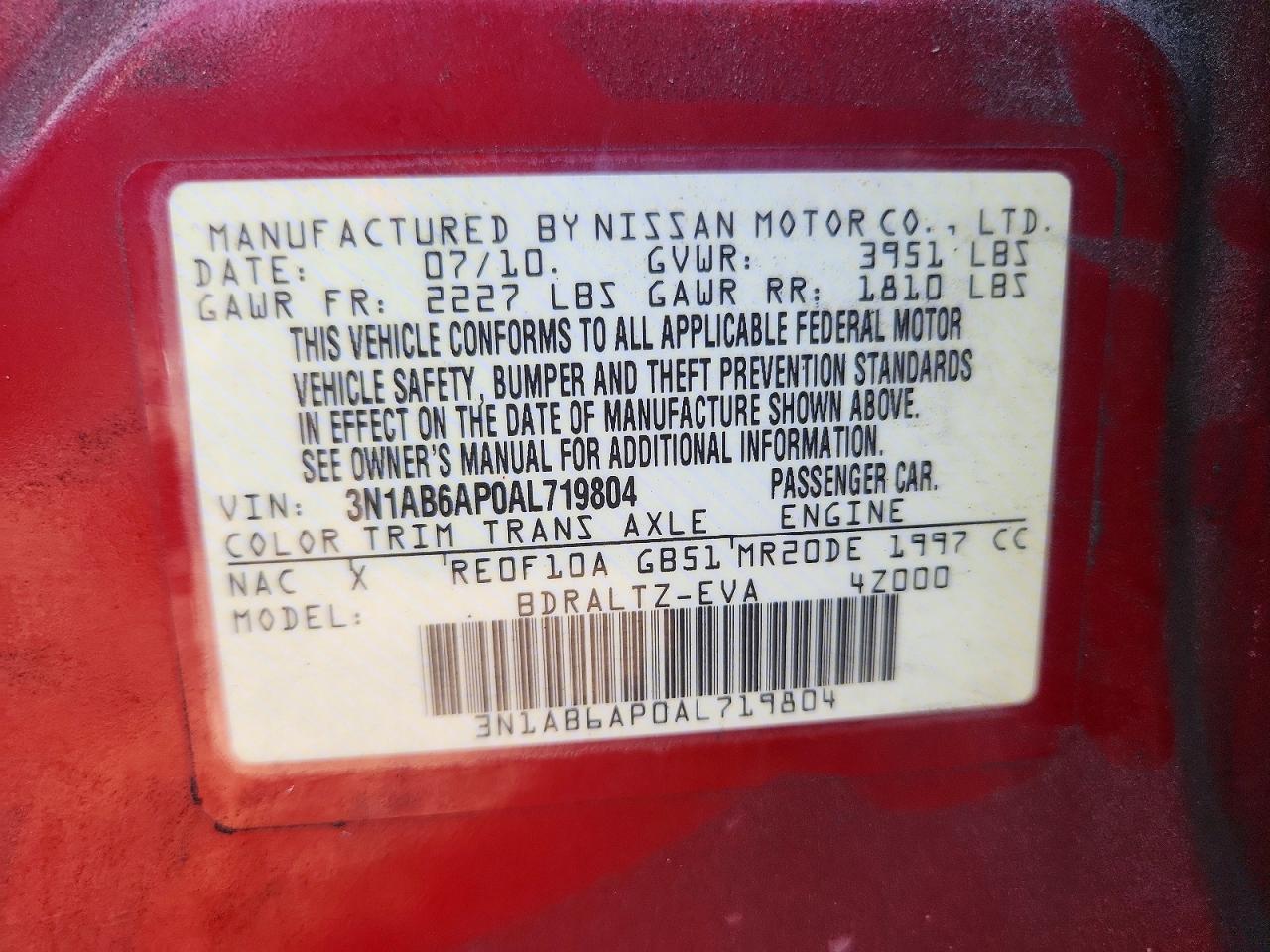 2010 Nissan Sentra 2.0 Red vin: 3N1AB6AP0AL719804