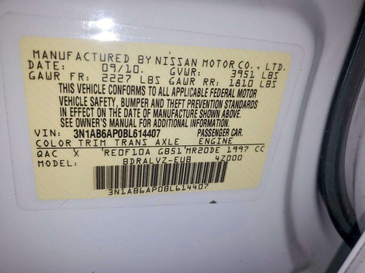 2011 Nissan Sentra 2.0 White vin: 3N1AB6AP0BL614407