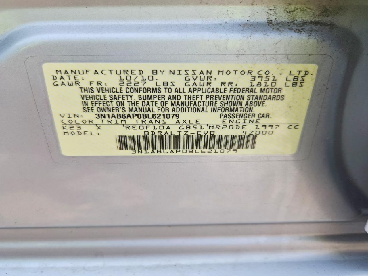 2011 Nissan Sentra 2.0 Silver vin: 3N1AB6AP0BL621079