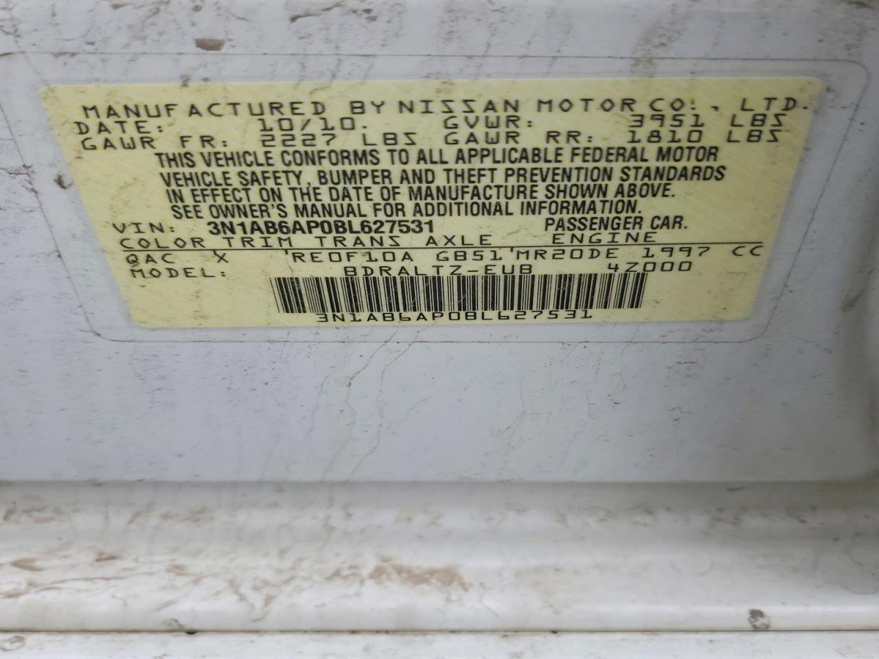 2011 Nissan Sentra 2.0 White vin: 3N1AB6AP0BL627531