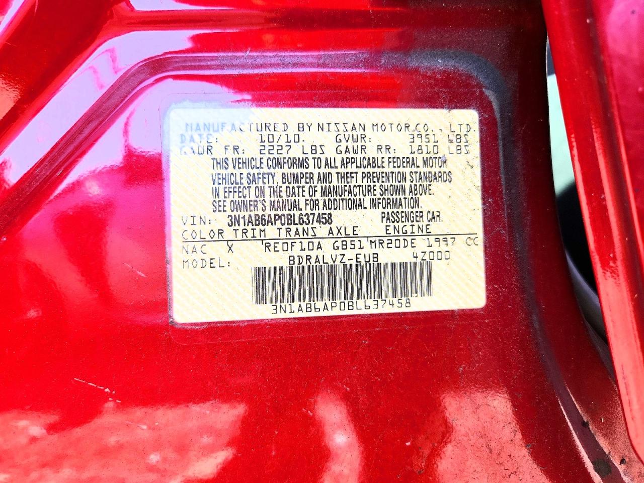 2011 Nissan Sentra 2.0 Red vin: 3N1AB6AP0BL637458