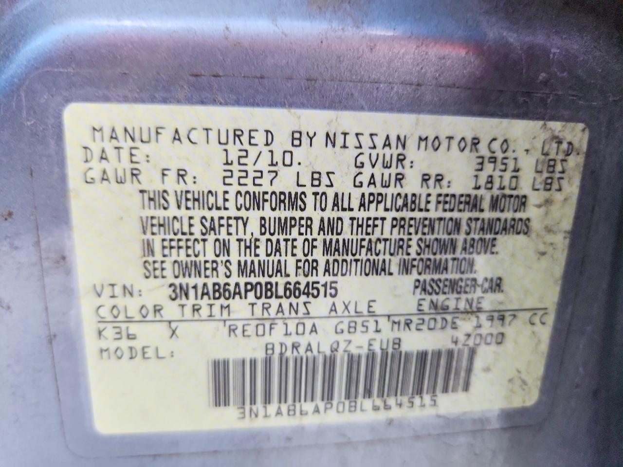 2011 Nissan Sentra 2.0 Silver vin: 3N1AB6AP0BL664515