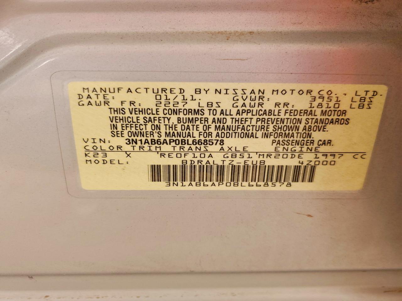 2011 Nissan Sentra 2.0 Silver vin: 3N1AB6AP0BL668578