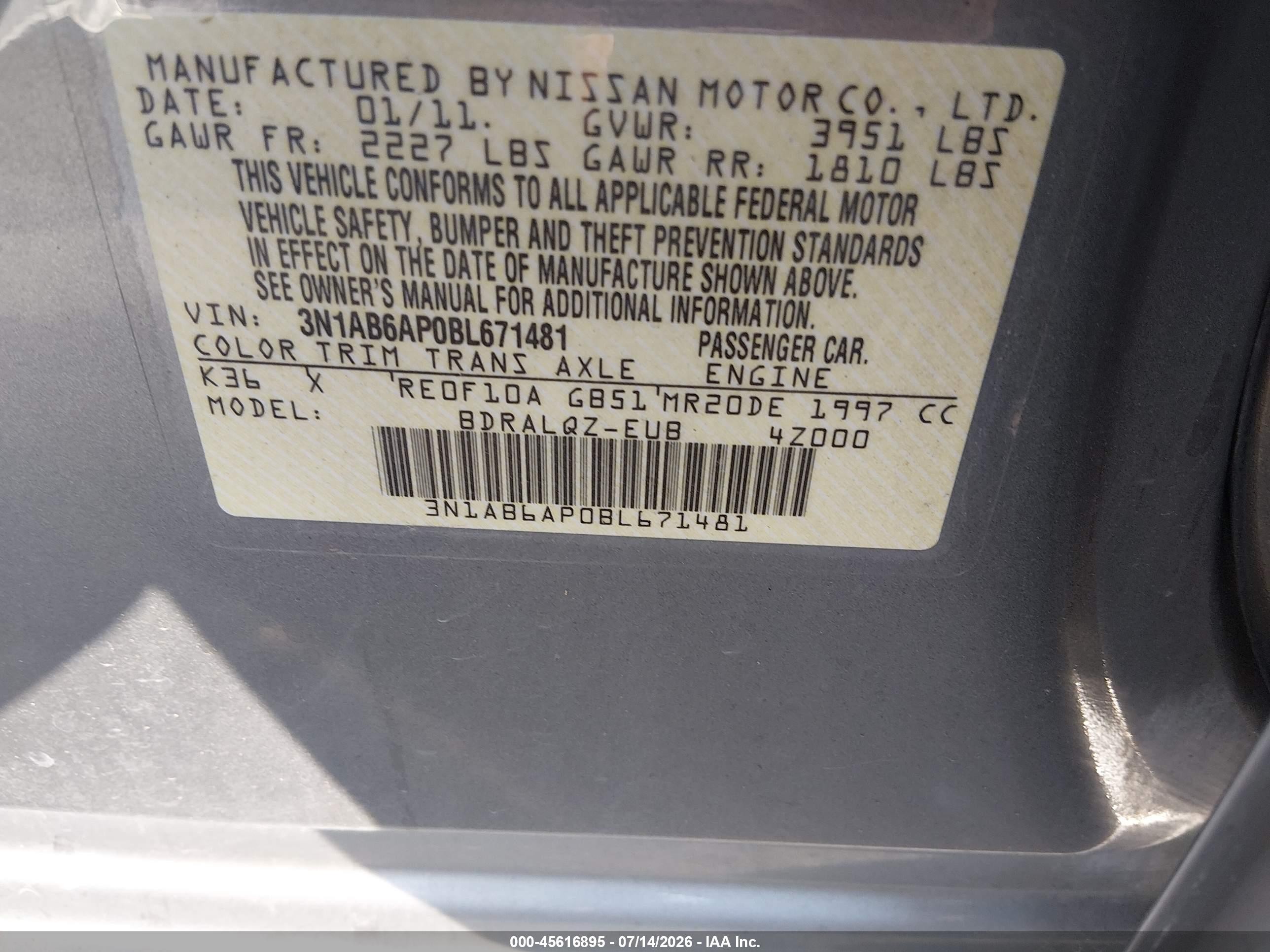 2011 Nissan Sentra 2.0 Silver vin: 3N1AB6AP0BL671481