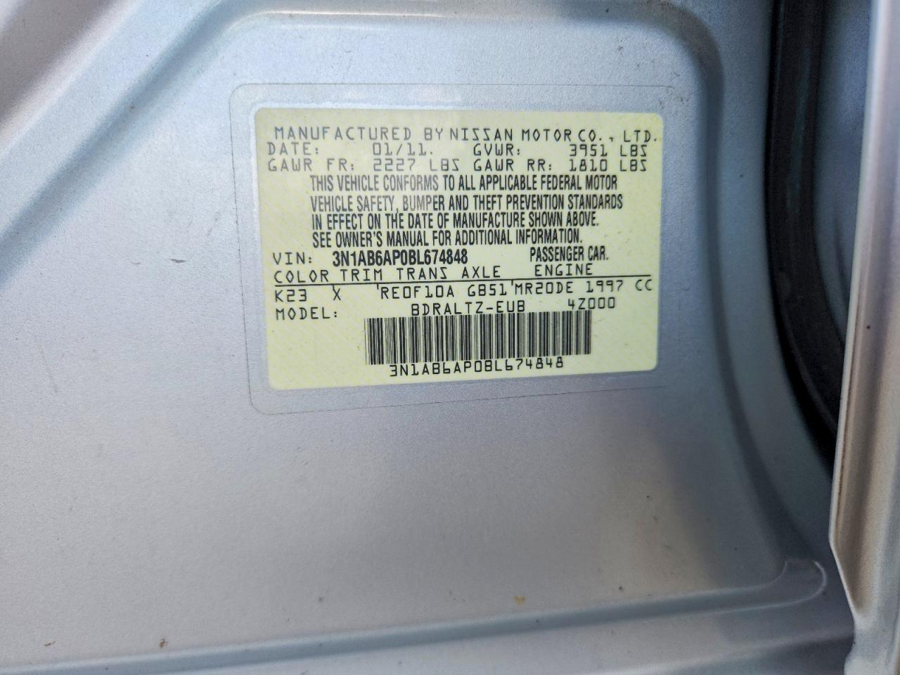 2011 Nissan Sentra 2.0 Silver vin: 3N1AB6AP0BL674848