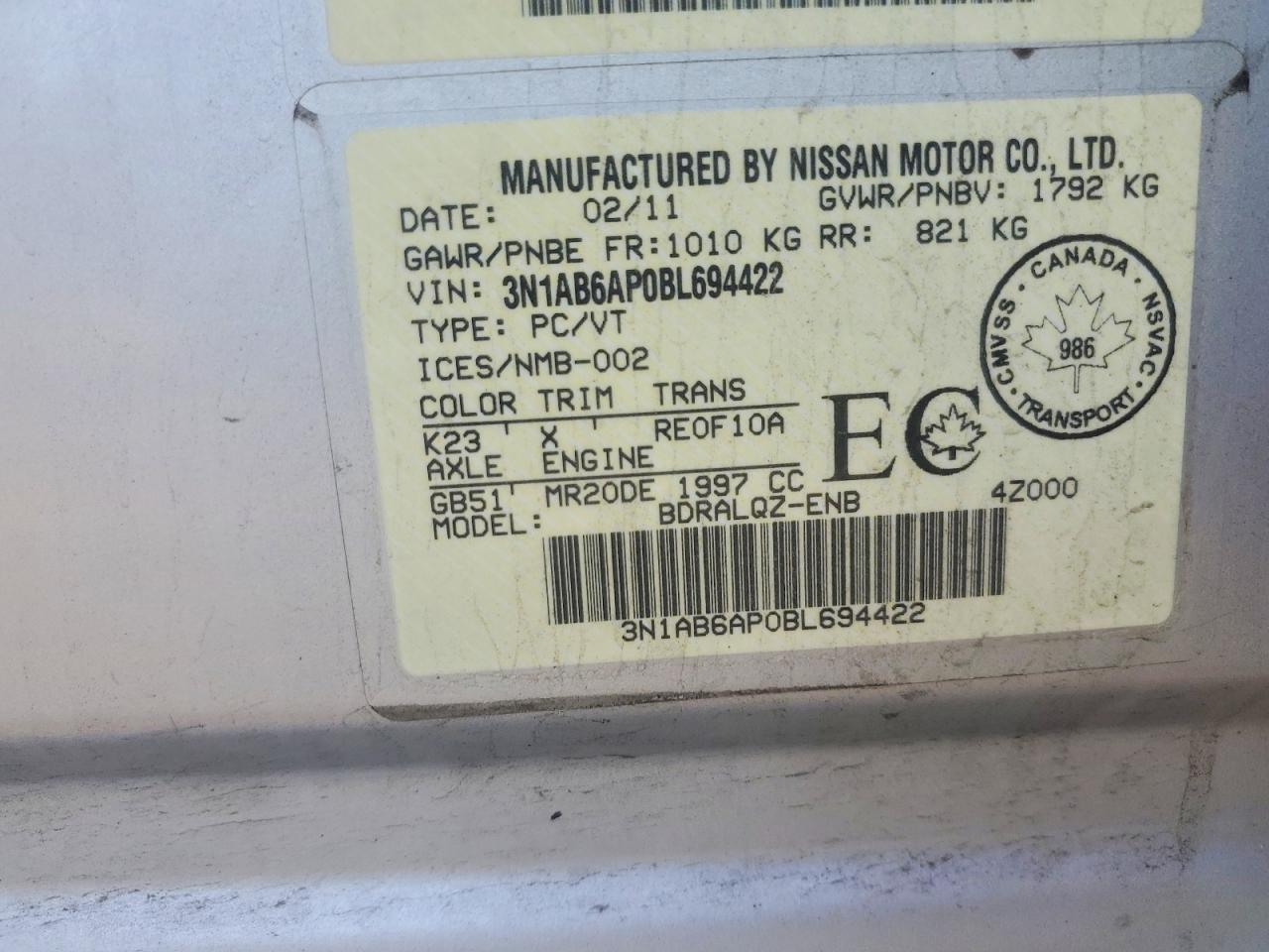 2011 Nissan Sentra 2.0 Silver vin: 3N1AB6AP0BL694422