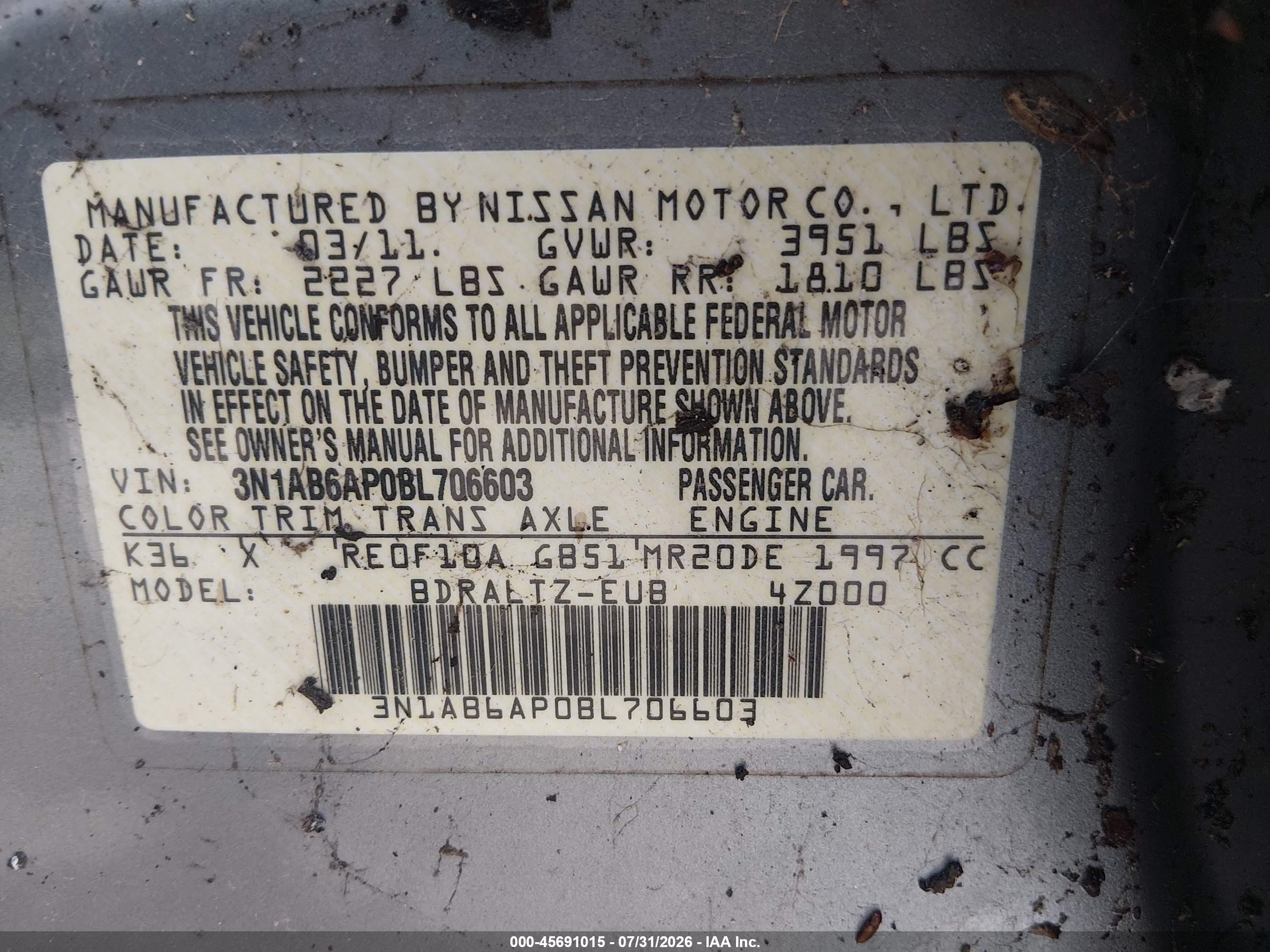 2011 Nissan Sentra 2.0s Gray vin: 3N1AB6AP0BL706603