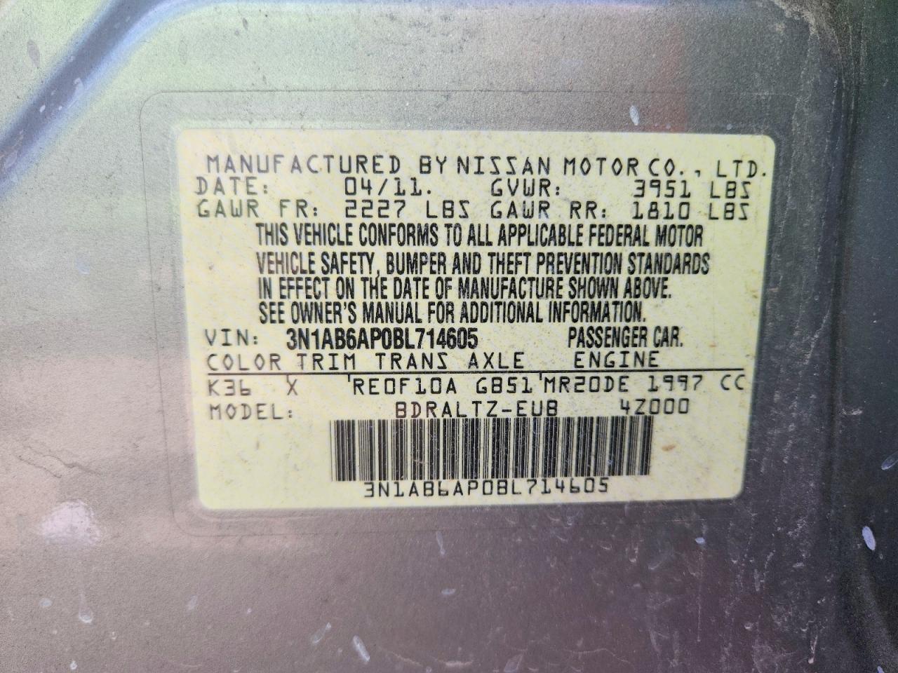 2011 Nissan Sentra 2.0 Gray vin: 3N1AB6AP0BL714605