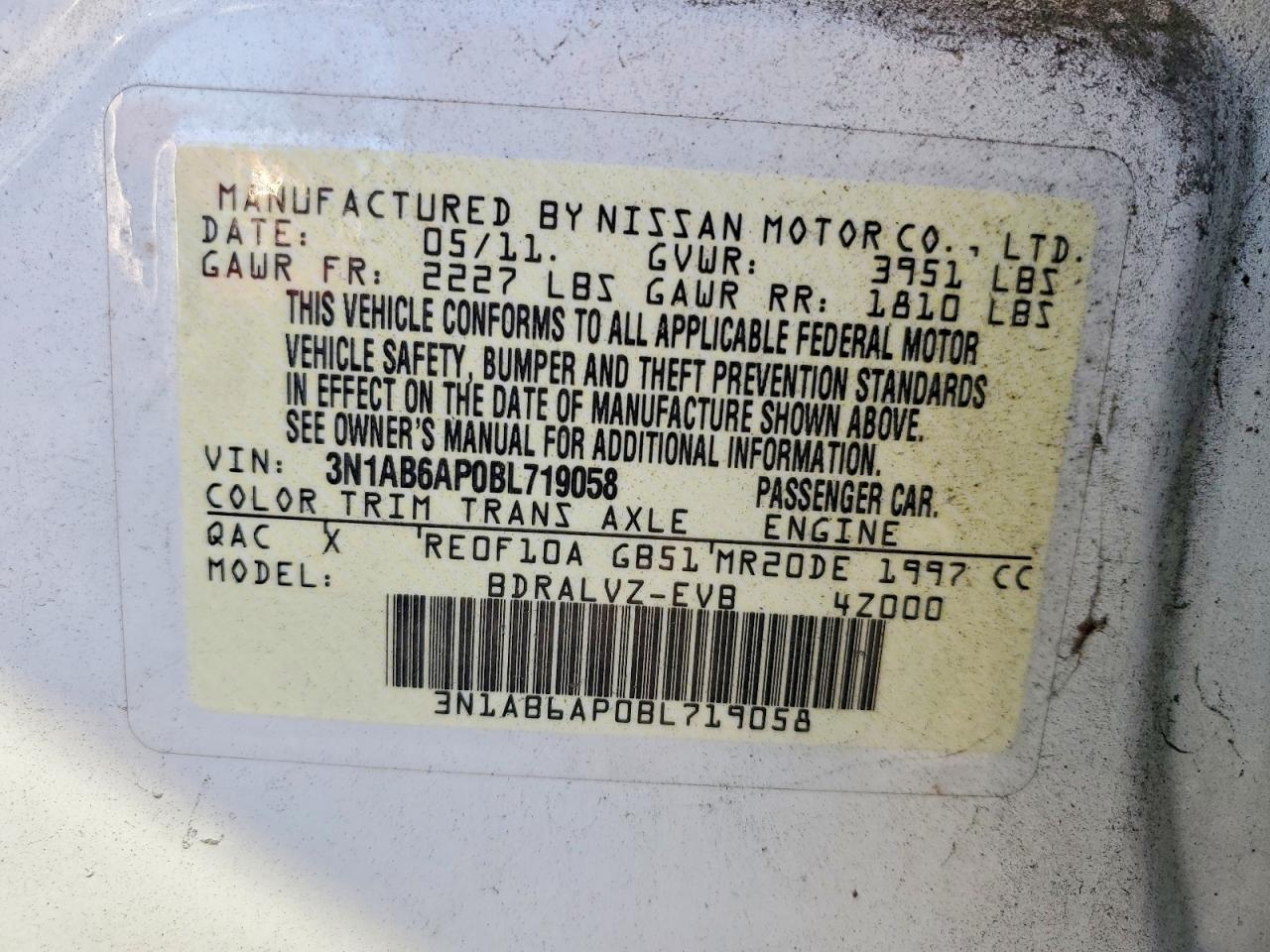 2011 Nissan Sentra White vin: 3N1AB6AP0BL719058