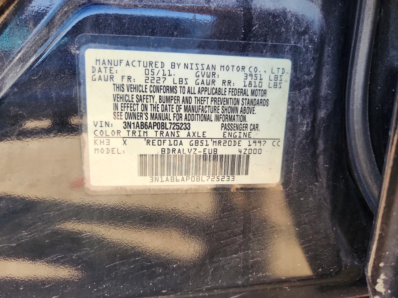 2011 Nissan Sentra 2.0 Черный vin: 3N1AB6AP0BL725233