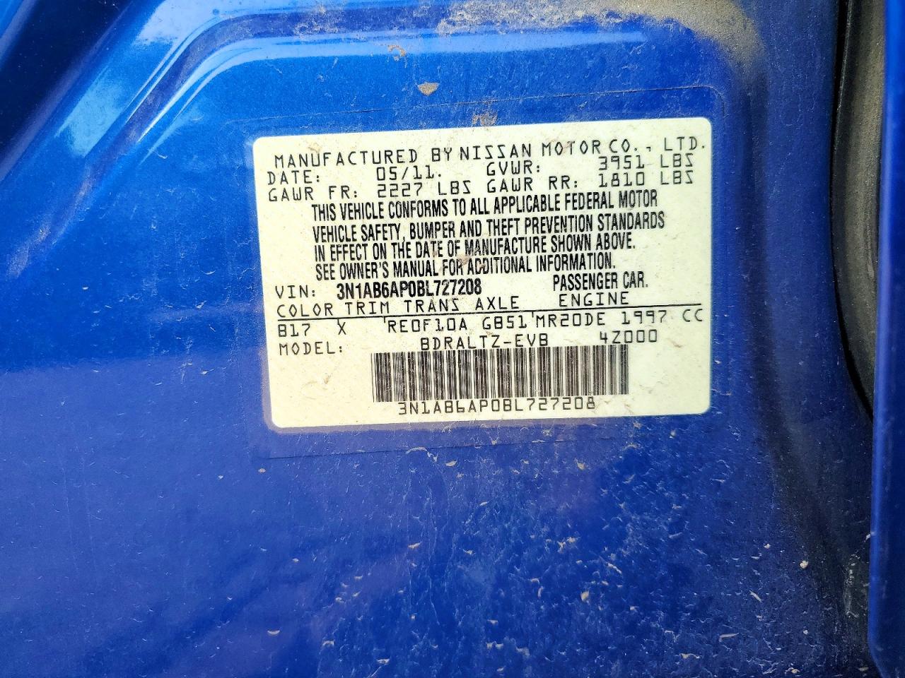 2011 Nissan Sentra 2.0 Blue vin: 3N1AB6AP0BL727208