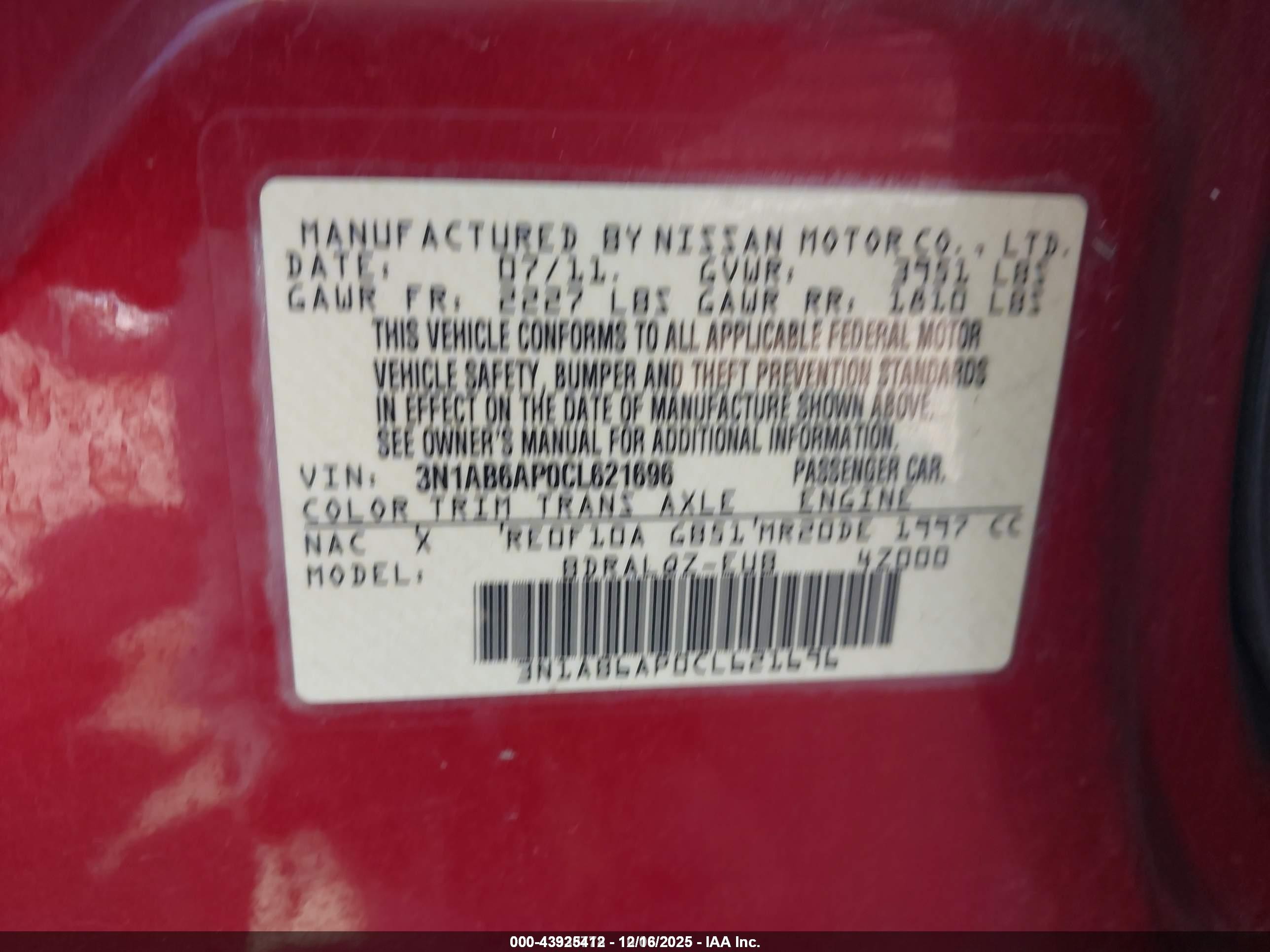 2012 Nissan Sentra 2.0 Red vin: 3N1AB6AP0CL621696