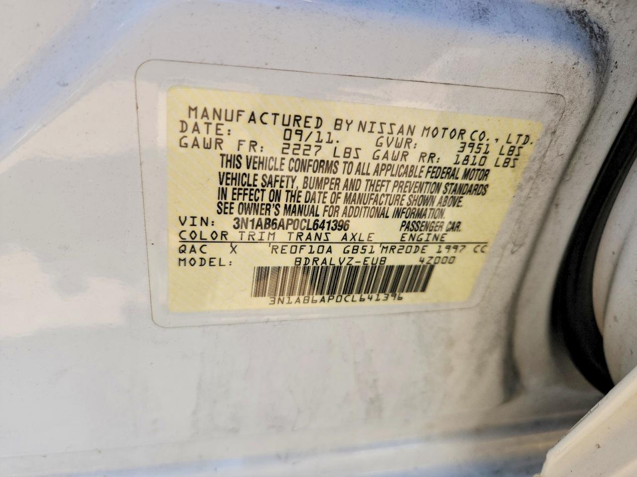 2012 Nissan Sentra 2.0 White vin: 3N1AB6AP0CL641396
