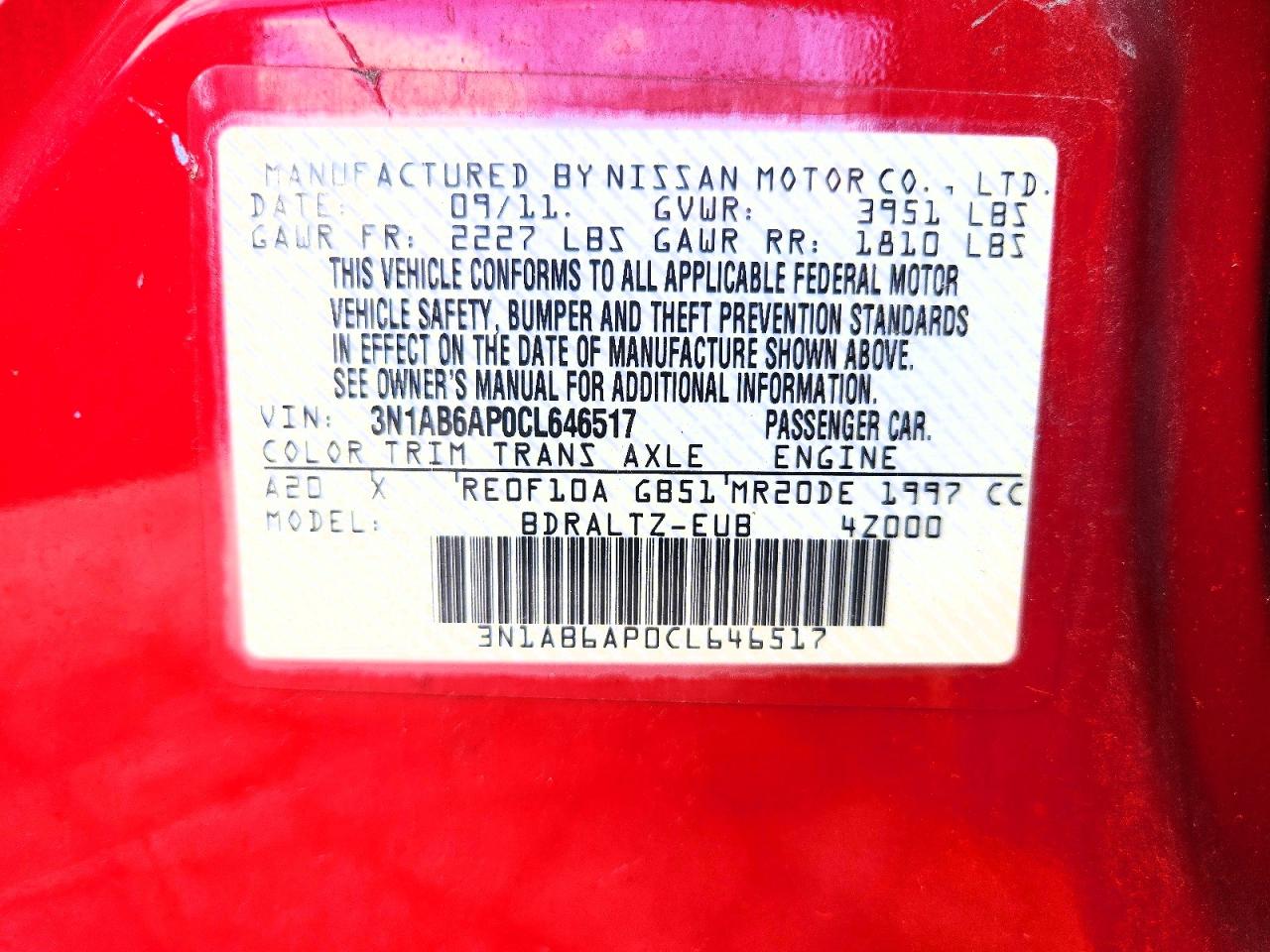 2012 Nissan Sentra 2.0/2.0s/sr/2.0sl Red vin: 3N1AB6AP0CL646517