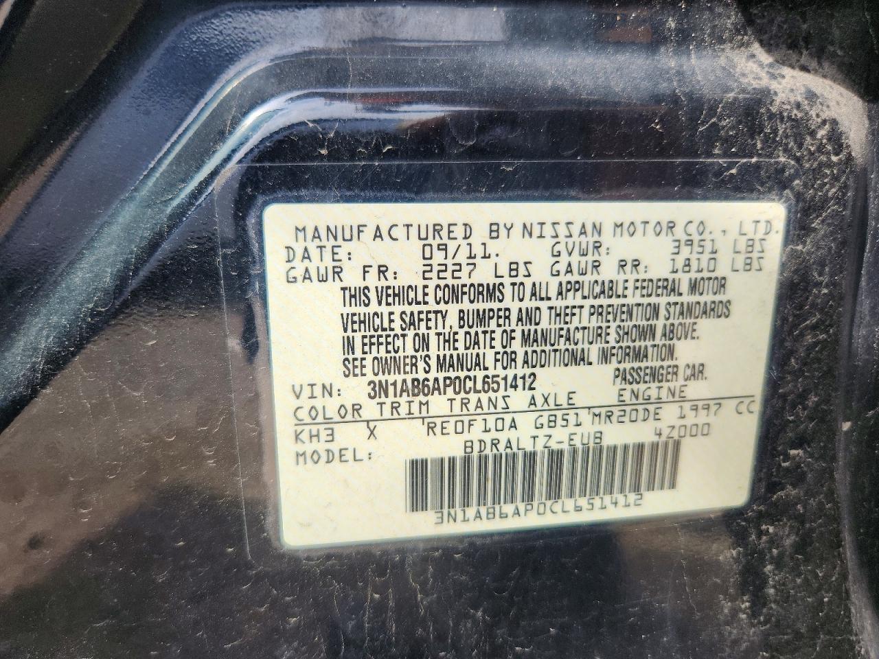 2012 Nissan Sentra Black vin: 3N1AB6AP0CL651412