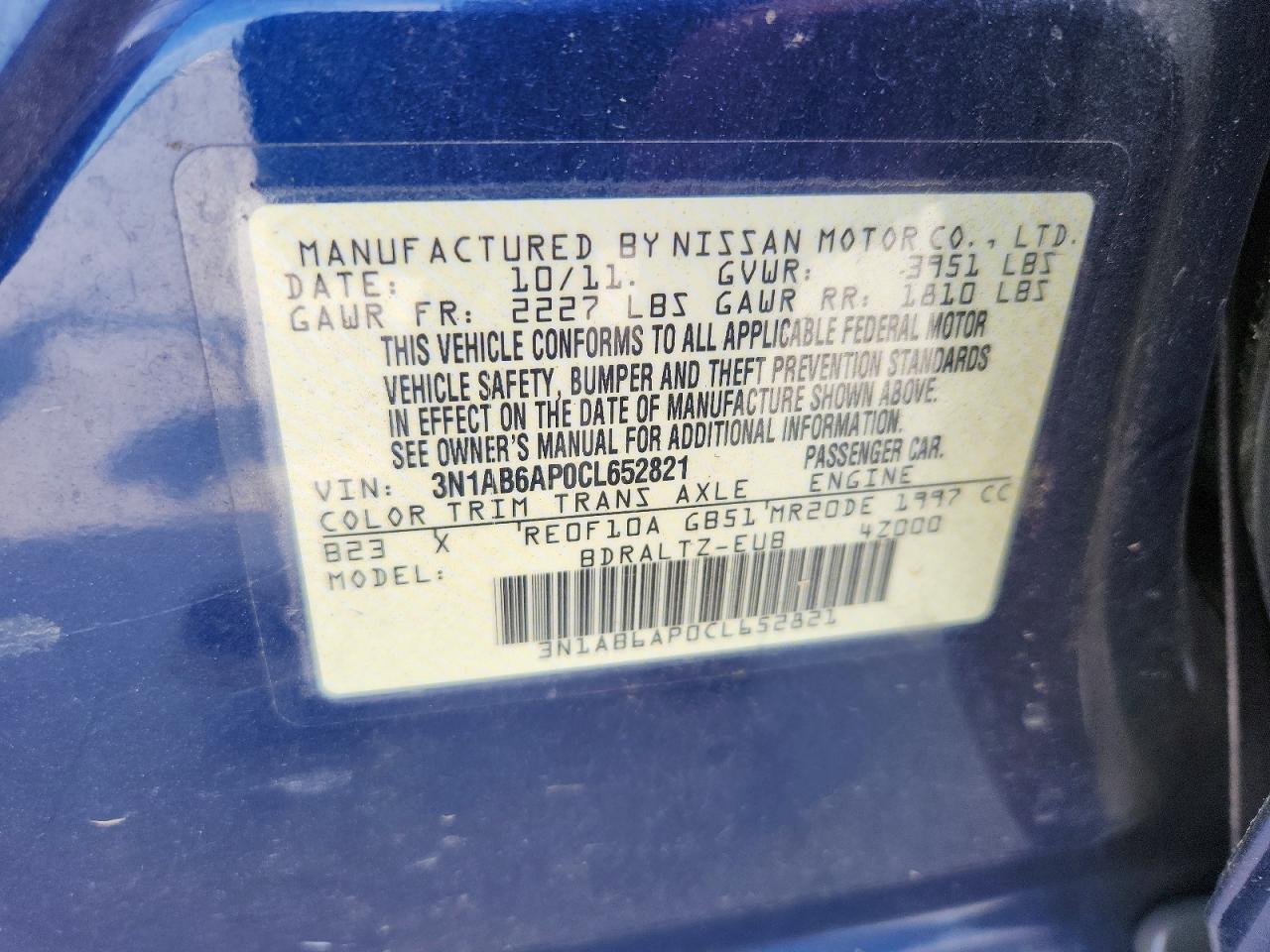 2012 Nissan Sentra 2.0 Blue vin: 3N1AB6AP0CL652821