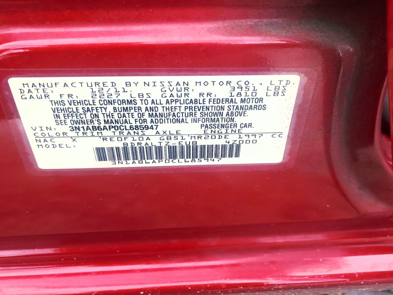 2012 Nissan Sentra 2.0 Red vin: 3N1AB6AP0CL685947