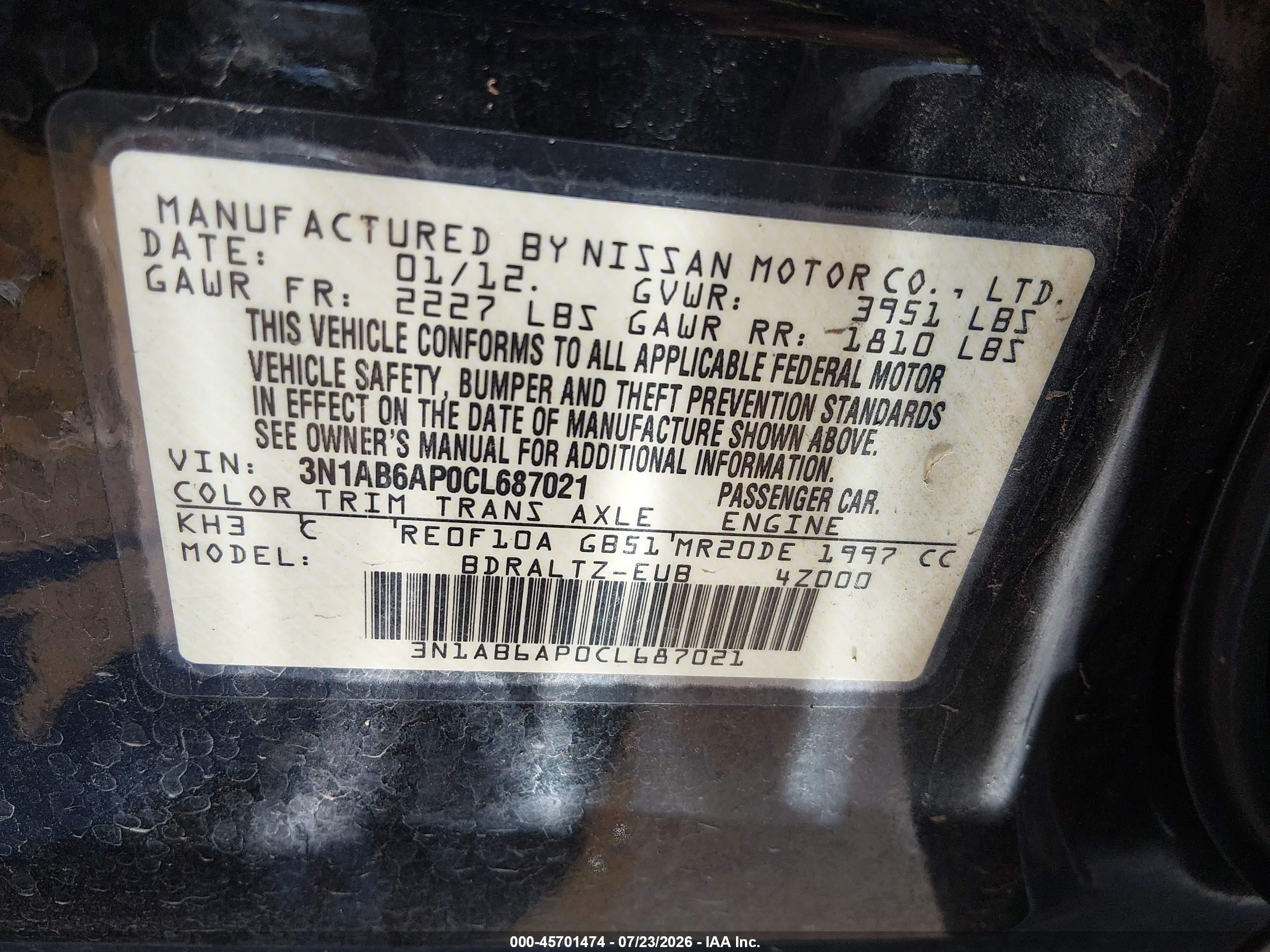 2012 Nissan Sentra 2.0 S Black vin: 3N1AB6AP0CL687021