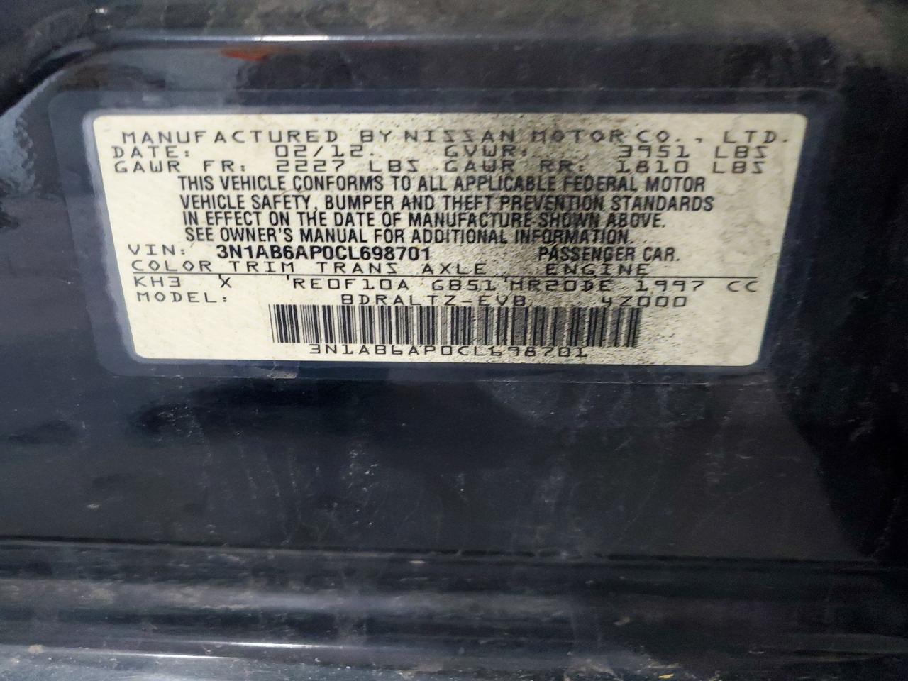 2012 Nissan Sentra 2.0 Черный vin: 3N1AB6AP0CL698701