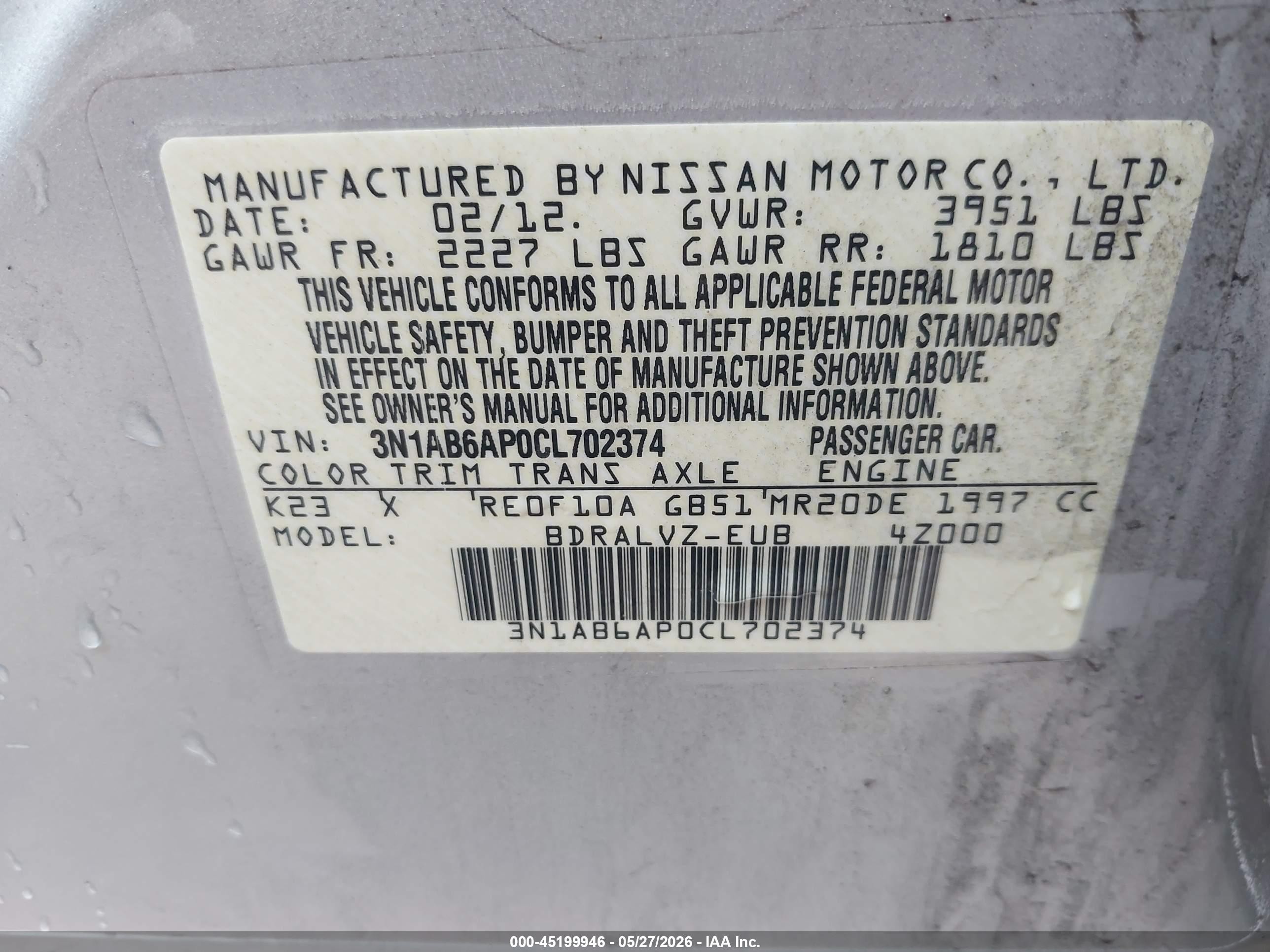 2012 Nissan Sentra 2.0 Sl Серебряный vin: 3N1AB6AP0CL702374