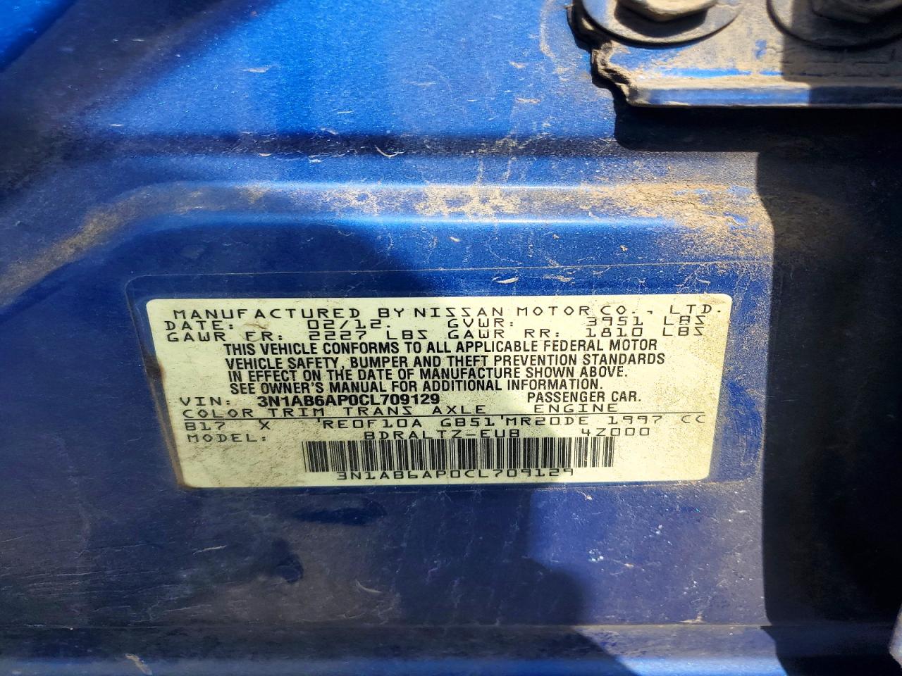 2012 Nissan Sentra 2.0 Blue vin: 3N1AB6AP0CL709129