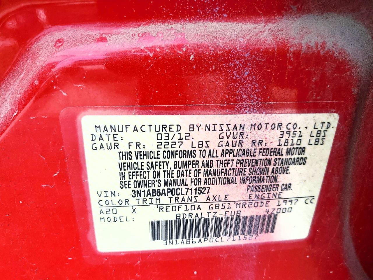 2012 Nissan Sentra 2.0 Red vin: 3N1AB6AP0CL711527