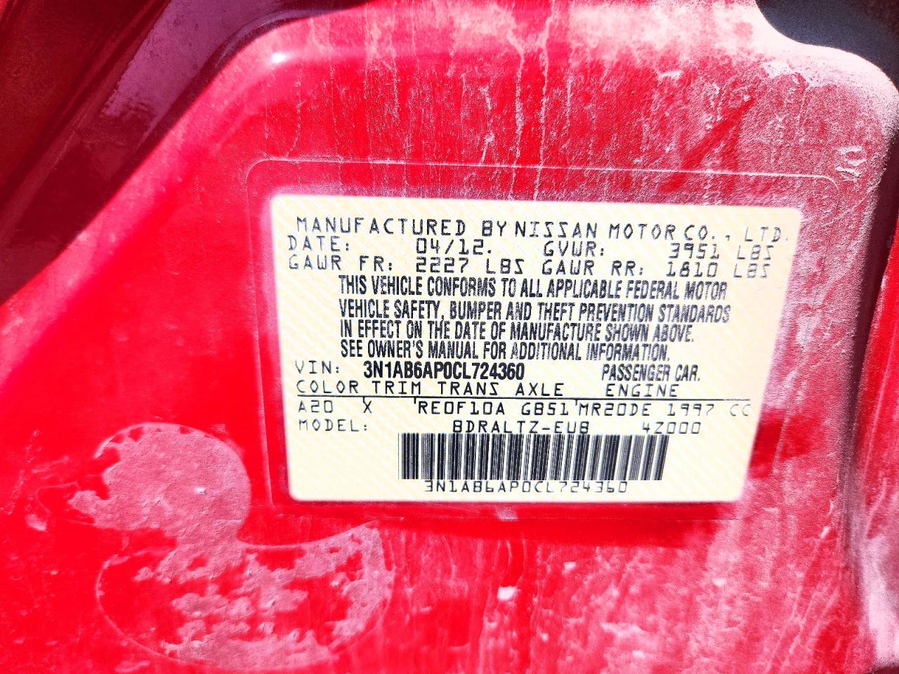 2012 Nissan Sentra 2.0 Red vin: 3N1AB6AP0CL724360