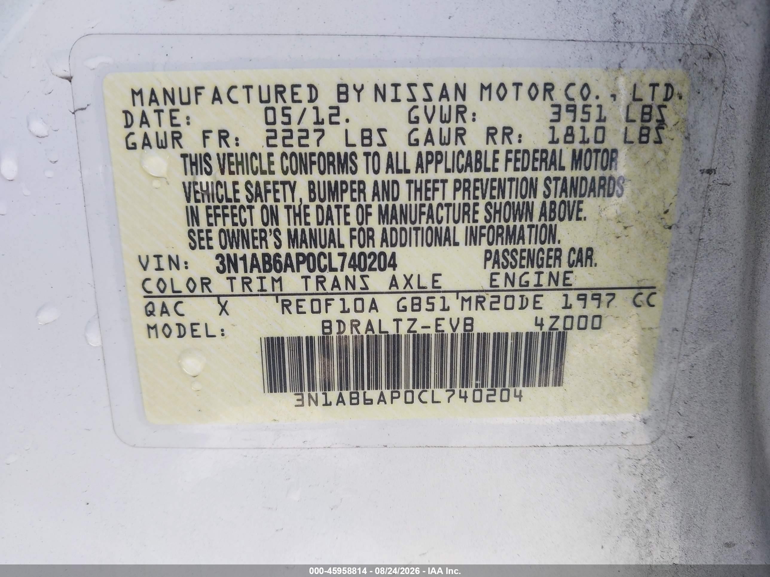 2012 Nissan Sentra 2.0 S White vin: 3N1AB6AP0CL740204