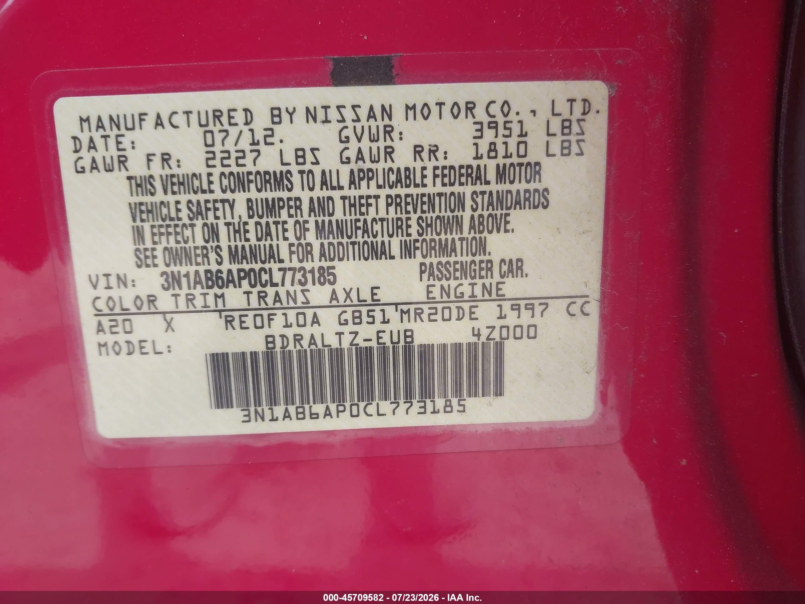2012 Nissan Sentra 2.0 Sr Red vin: 3N1AB6AP0CL773185