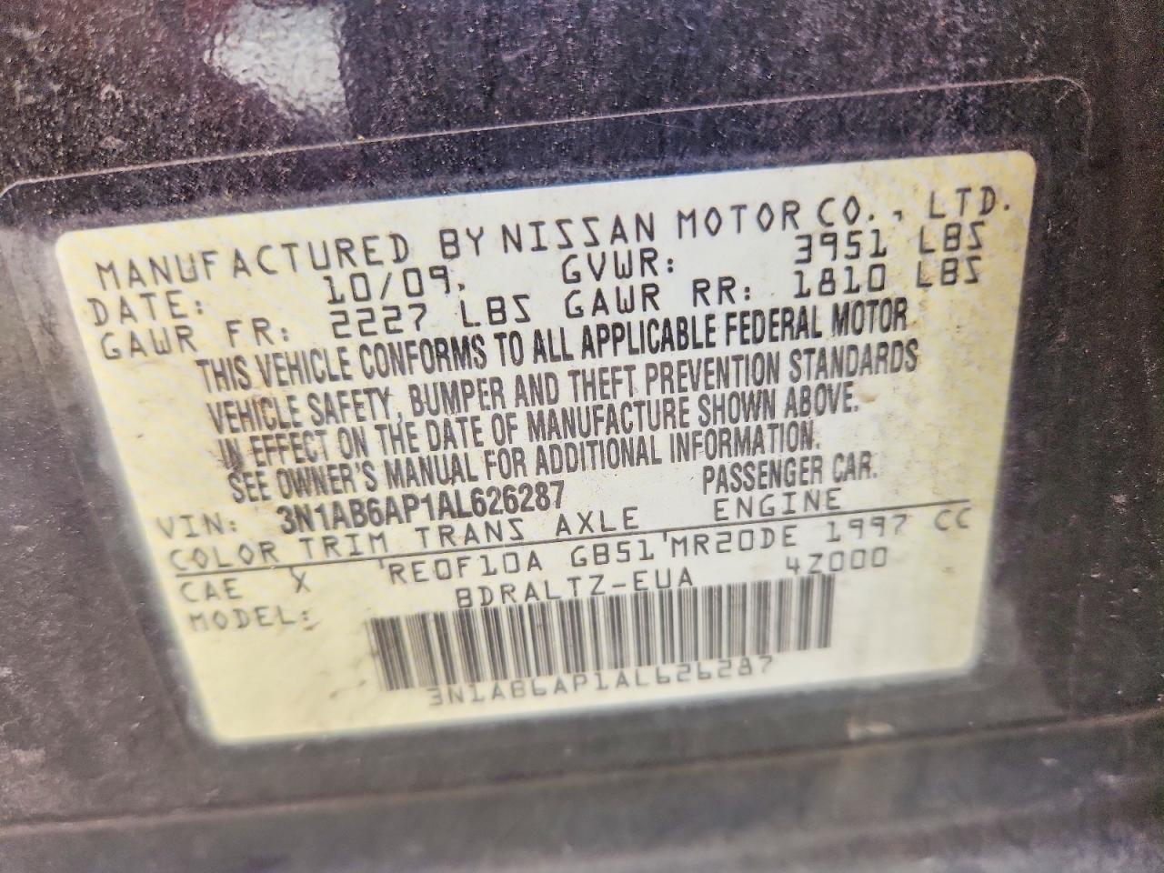 2010 Nissan Sentra 2.0 Black vin: 3N1AB6AP1AL626287