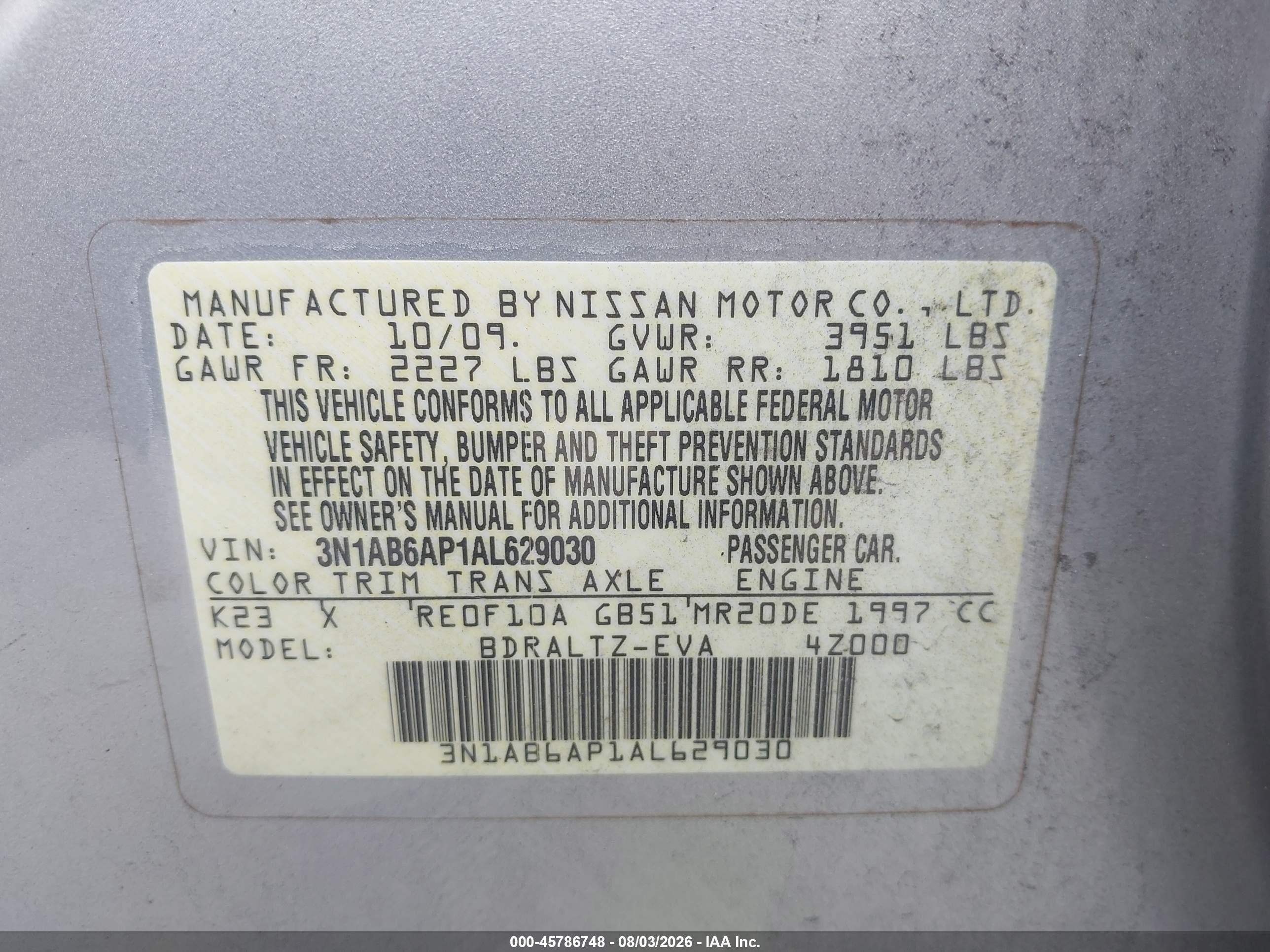 2010 Nissan Sentra 2.0s Silver vin: 3N1AB6AP1AL629030