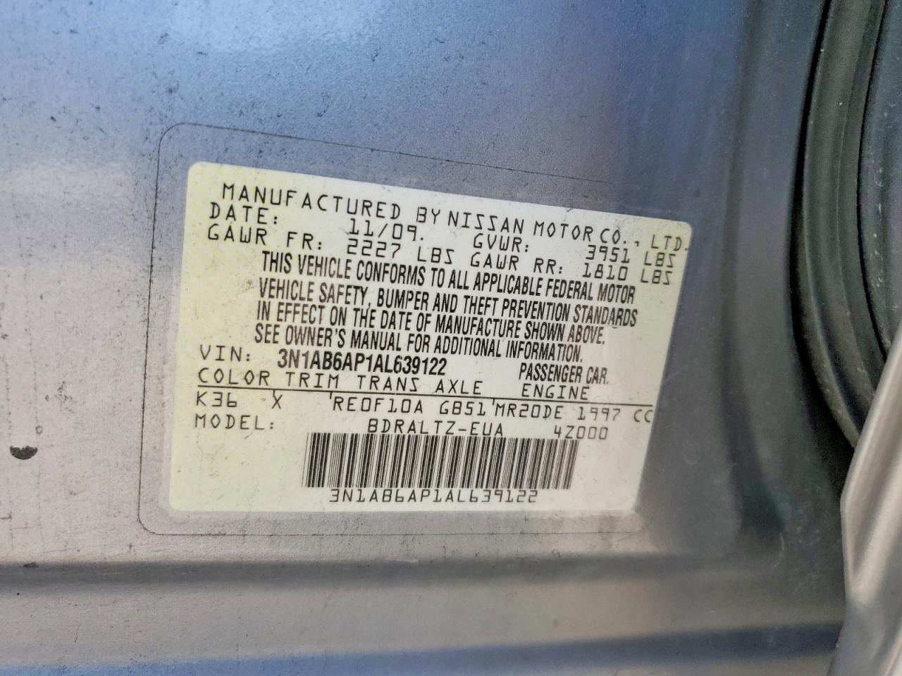 2010 Nissan Sentra 2.0 Silver vin: 3N1AB6AP1AL639122