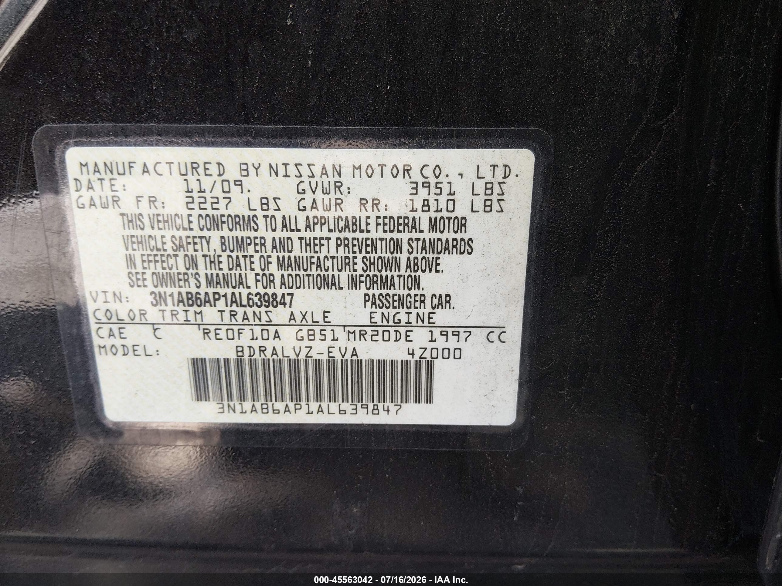 2010 Nissan Sentra 2.0sl Black vin: 3N1AB6AP1AL639847