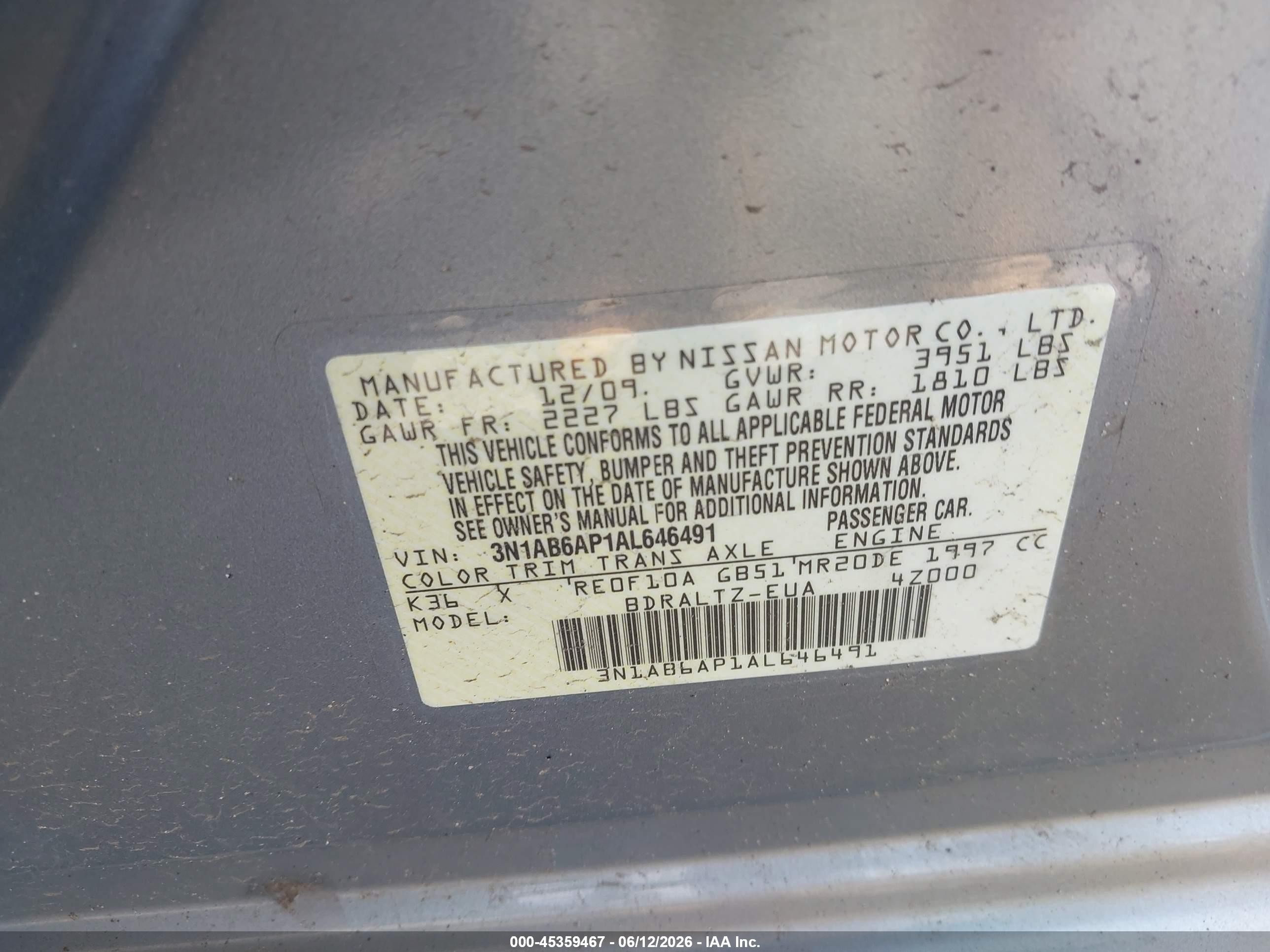 2010 Nissan Sentra 2.0s Silver vin: 3N1AB6AP1AL646491