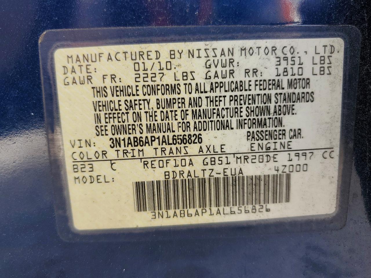 2010 Nissan Sentra 2.0/2.0s/sr/2.0sl Blue vin: 3N1AB6AP1AL656826